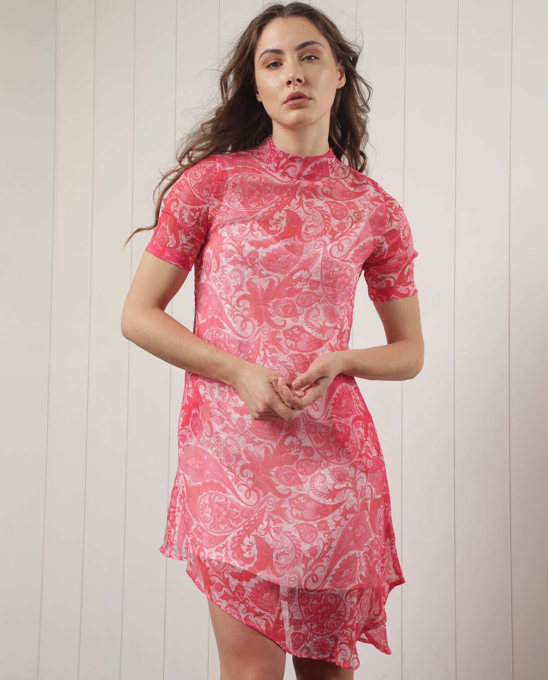 Rareism Women's Beryl Pink Polyester Fabric High Neck Zipper Closure Half Sleeve Paisley Print Knee Length Dress