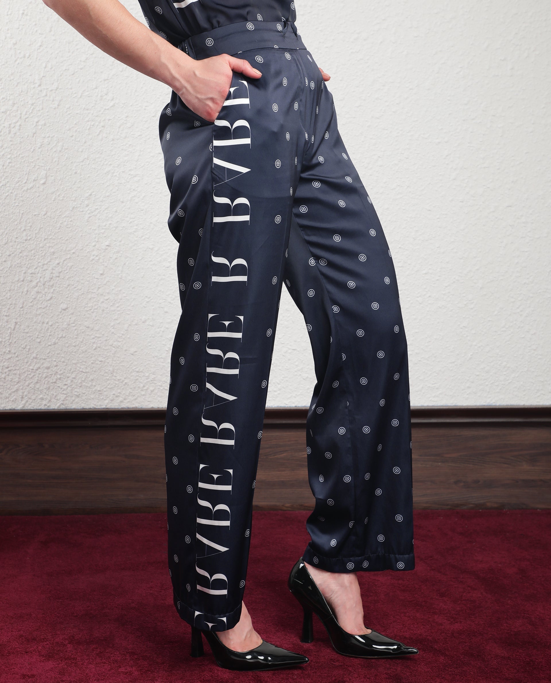 Rareism Women's Adelie Navy Polyester Polka Print Ankle Length Tailored Trouser