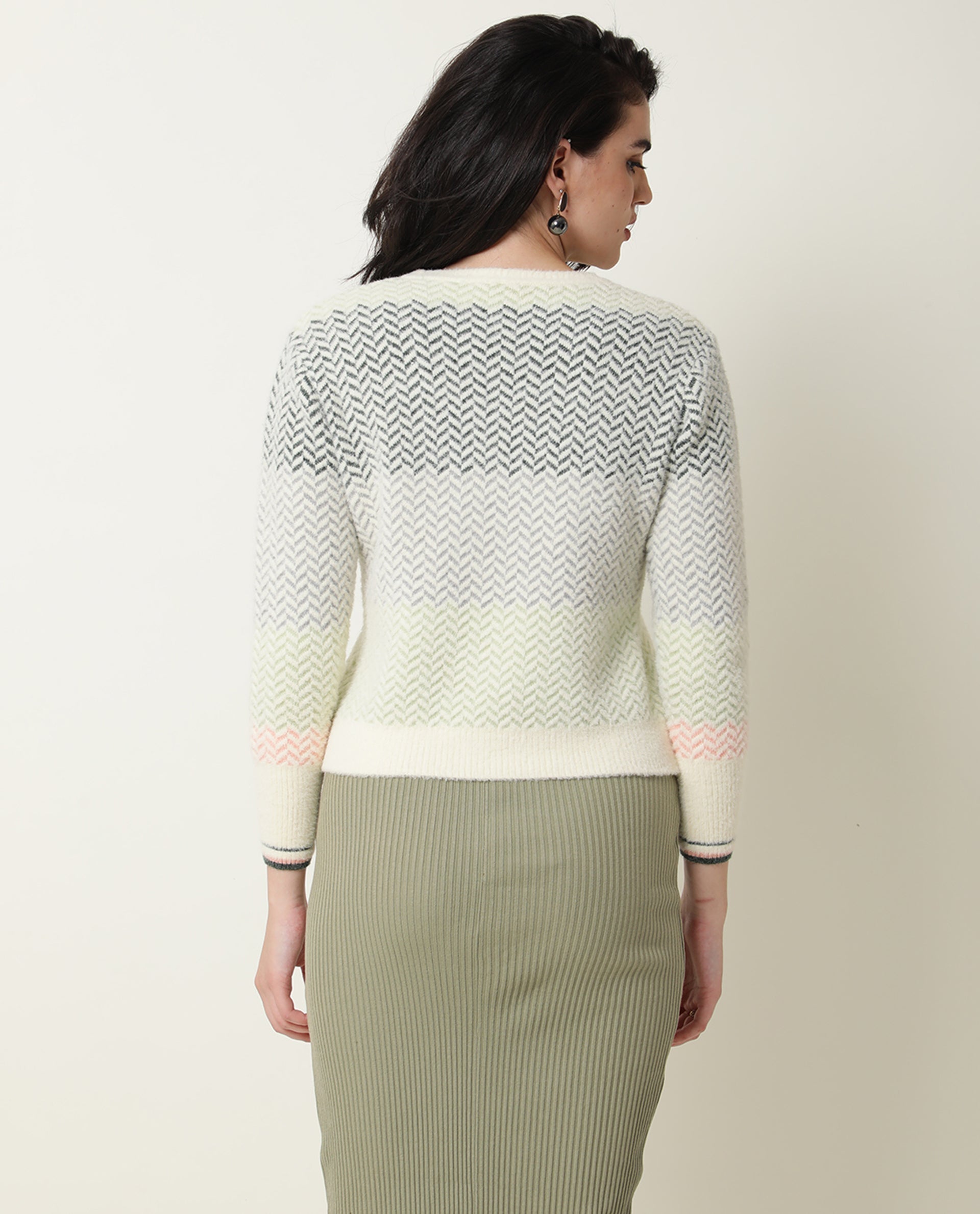 Rareism Women Herring Off White Nylon Fabric Full Sleeves Knee Length Regular Fit Color Blocked Round Neck Sweater