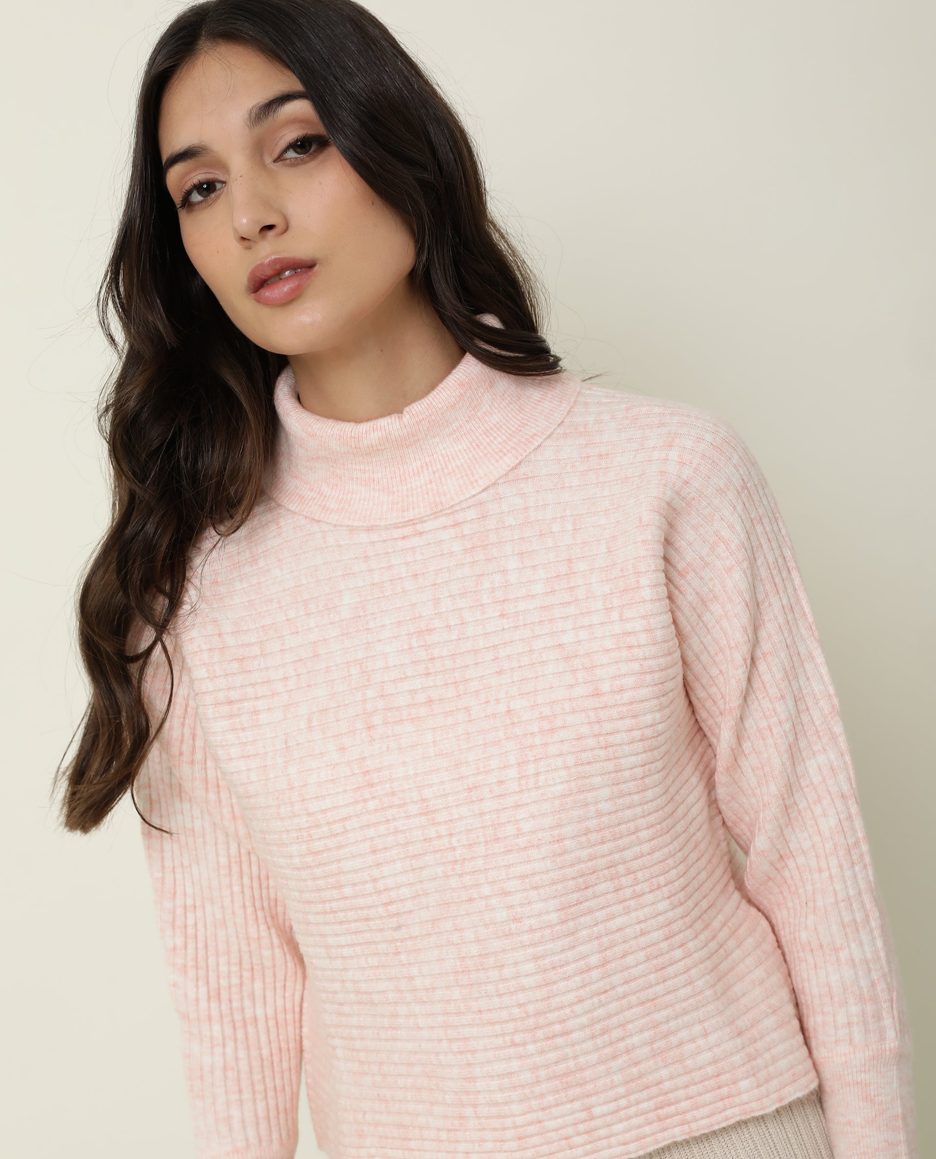 Rareism Women's Levour Pink Acrylic Turtle Neck Plain Relaxed Fit Sweater
