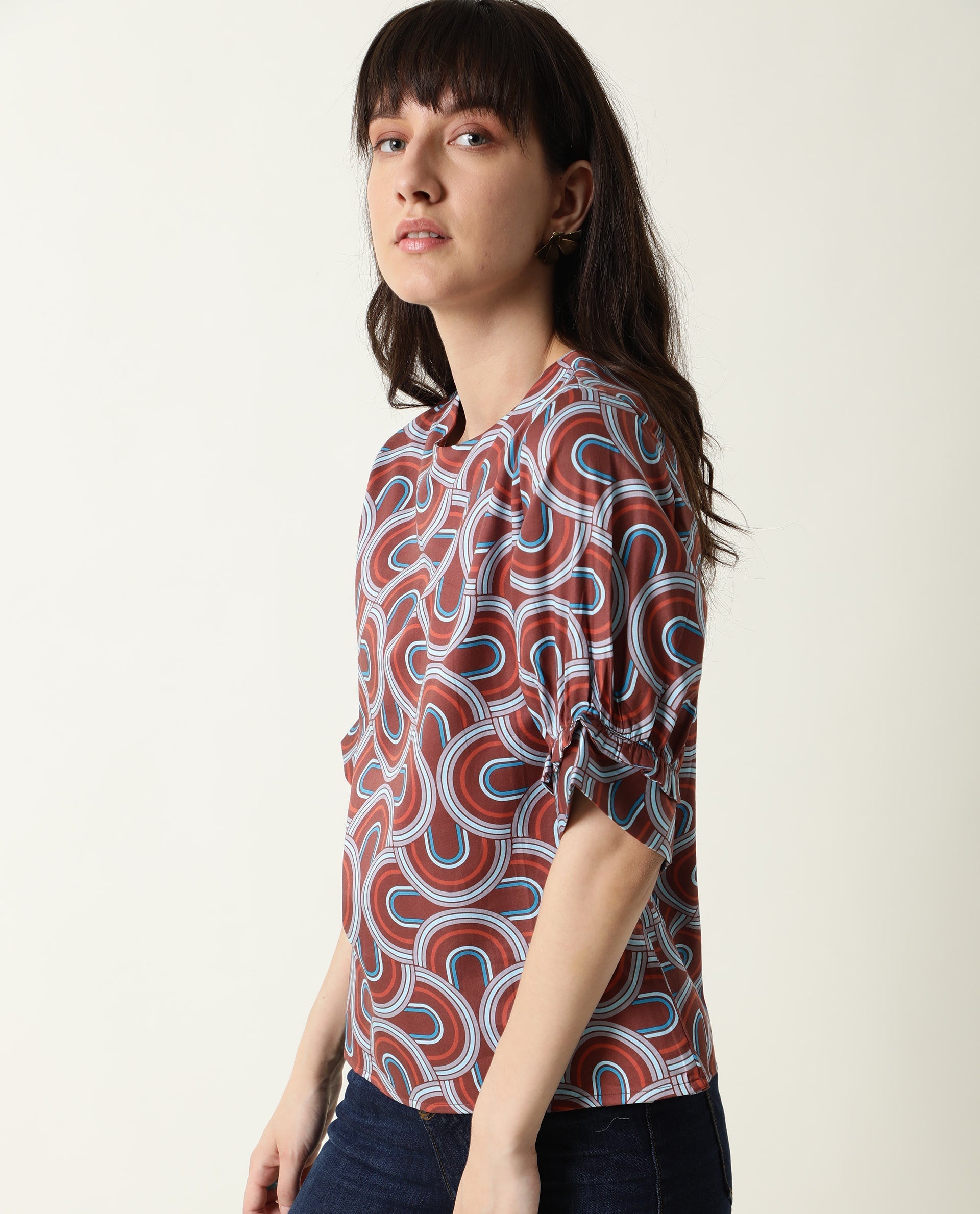 Rareism Women's Jimmi Brown Cotton Crew Neck Geometric Print Regular Fit Top