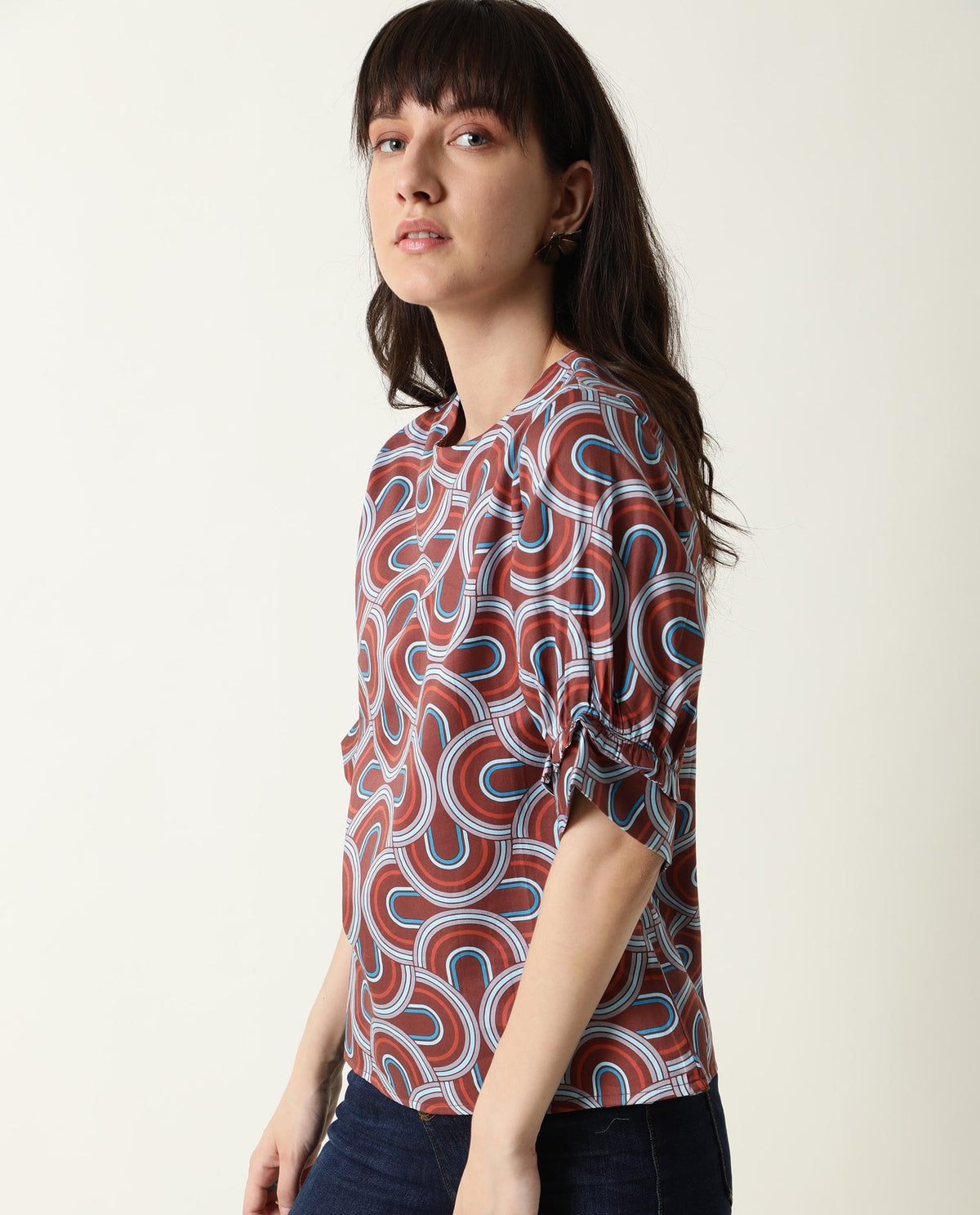 Rareism Women Jimmi Brown Cotton Fabric Regular Fit Round Neck Half Sleeves Print Top
