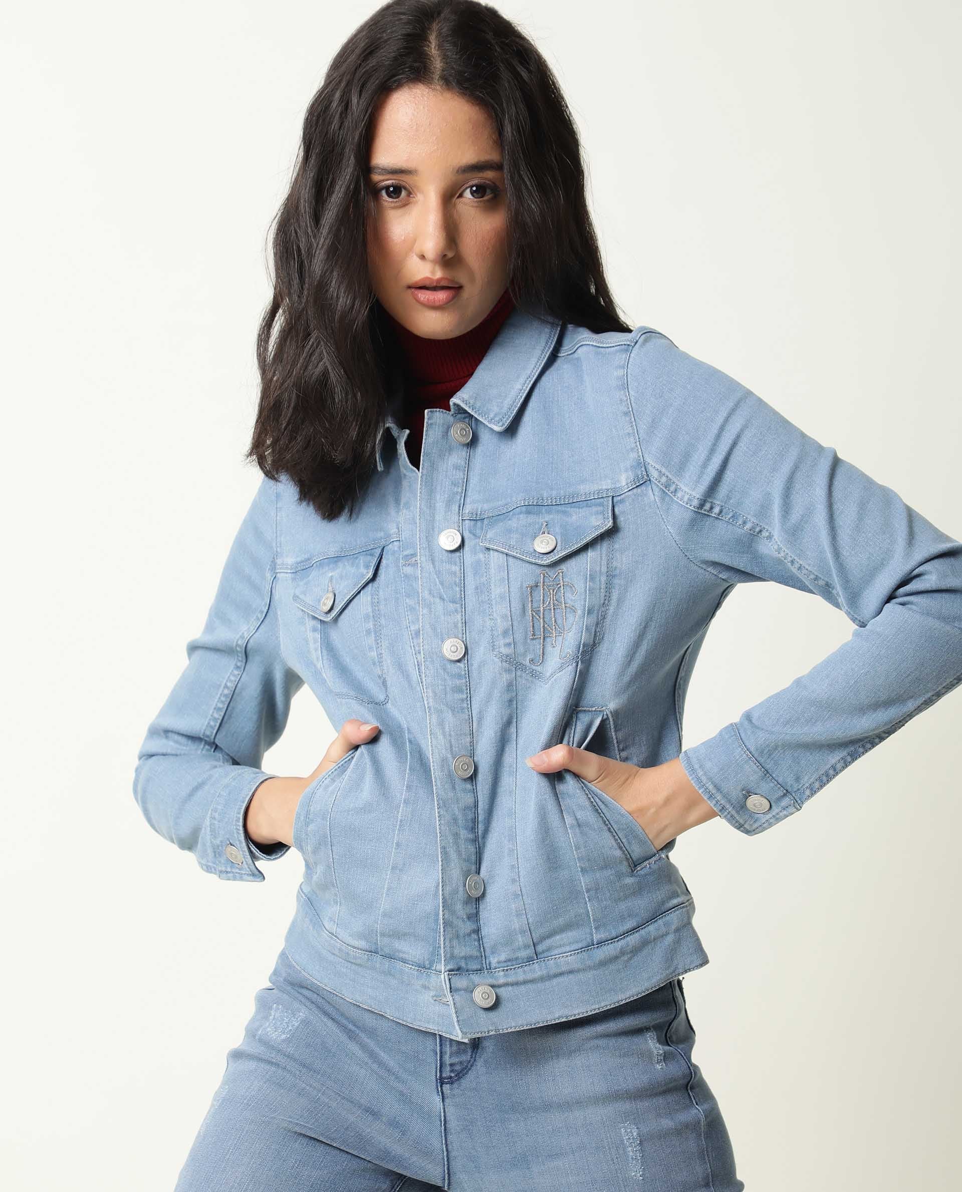 Rareism Women Misso Light Blue Cotton Lycra Fabric Full Sleeves Solid Shirt Collar Jacket