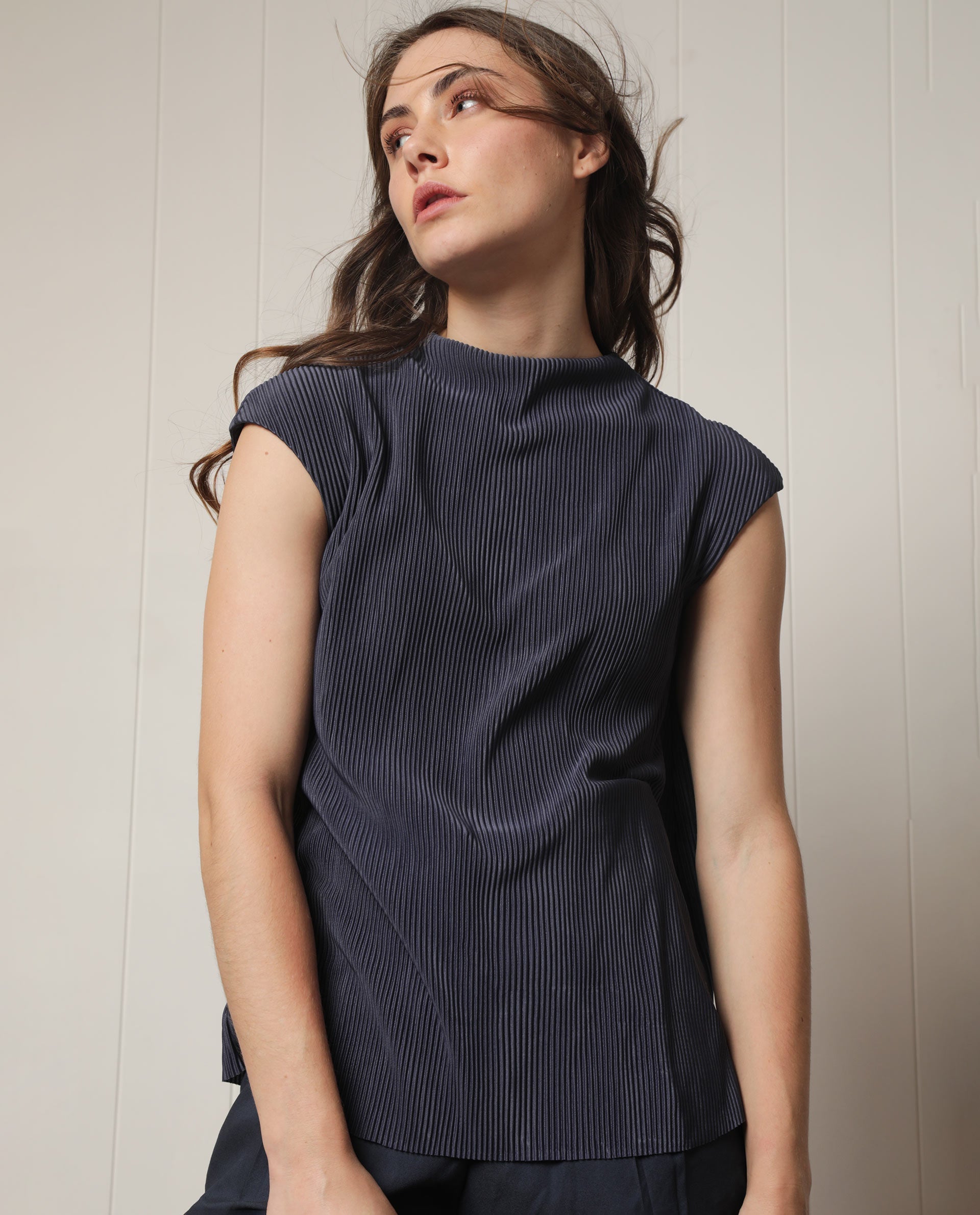 Rareism Women's Daffo Navy Polyester High Neck Textured Sleeveless Relaxed Fit Top