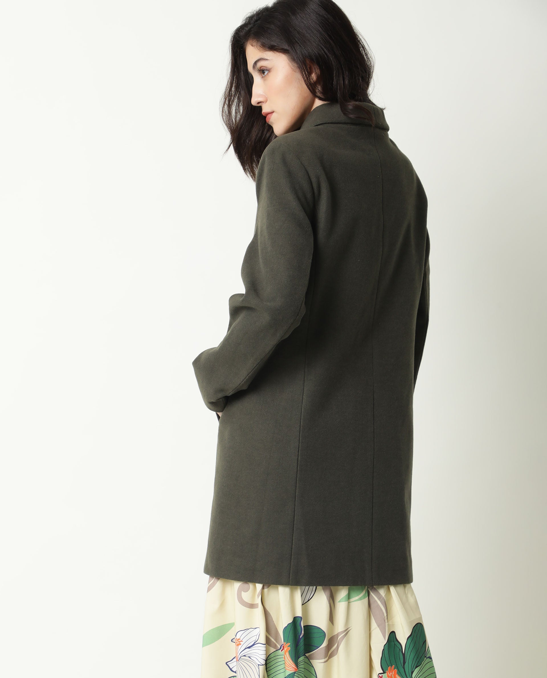 Rareism Women Avon Olive Polyester Fabric Full Sleeves Solid Lapel Neck Jacket