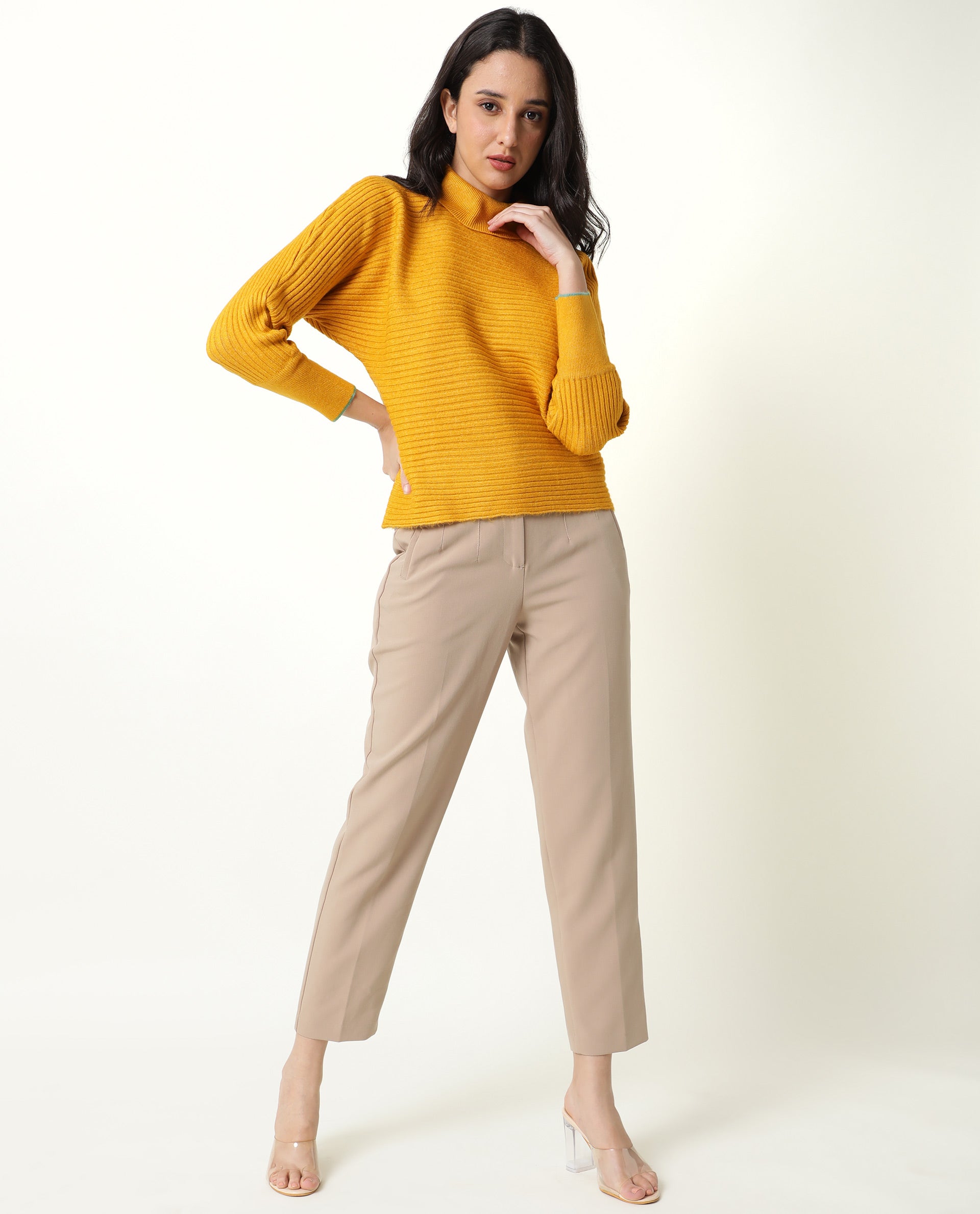 Rareism Women's Levour Mustard Acrylic Turtle Neck Plain Relaxed Fit Sweater
