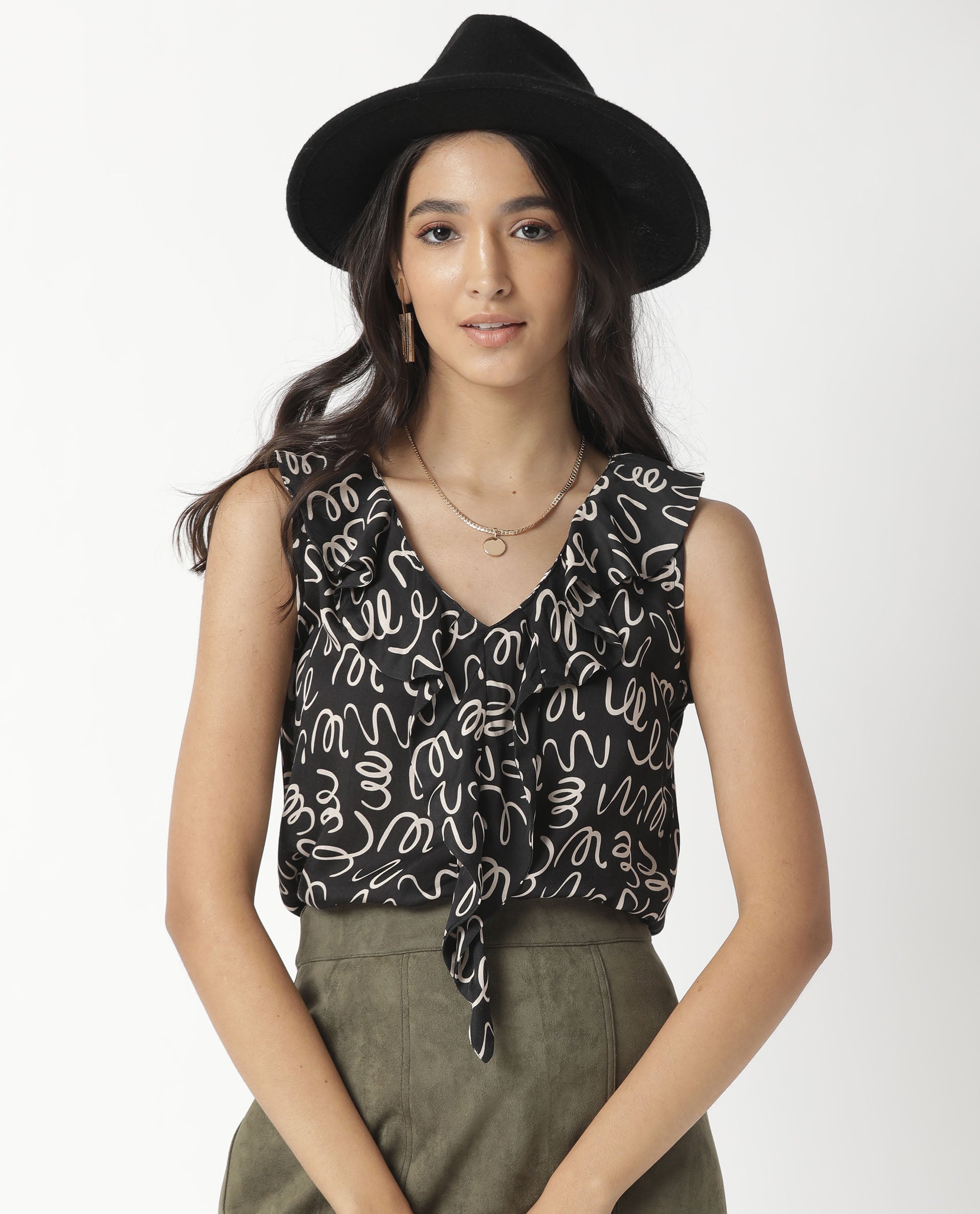 Rareism Women's Curls Black Modal Blend V-Neck Abstract Print Sleeveless Tailored Top