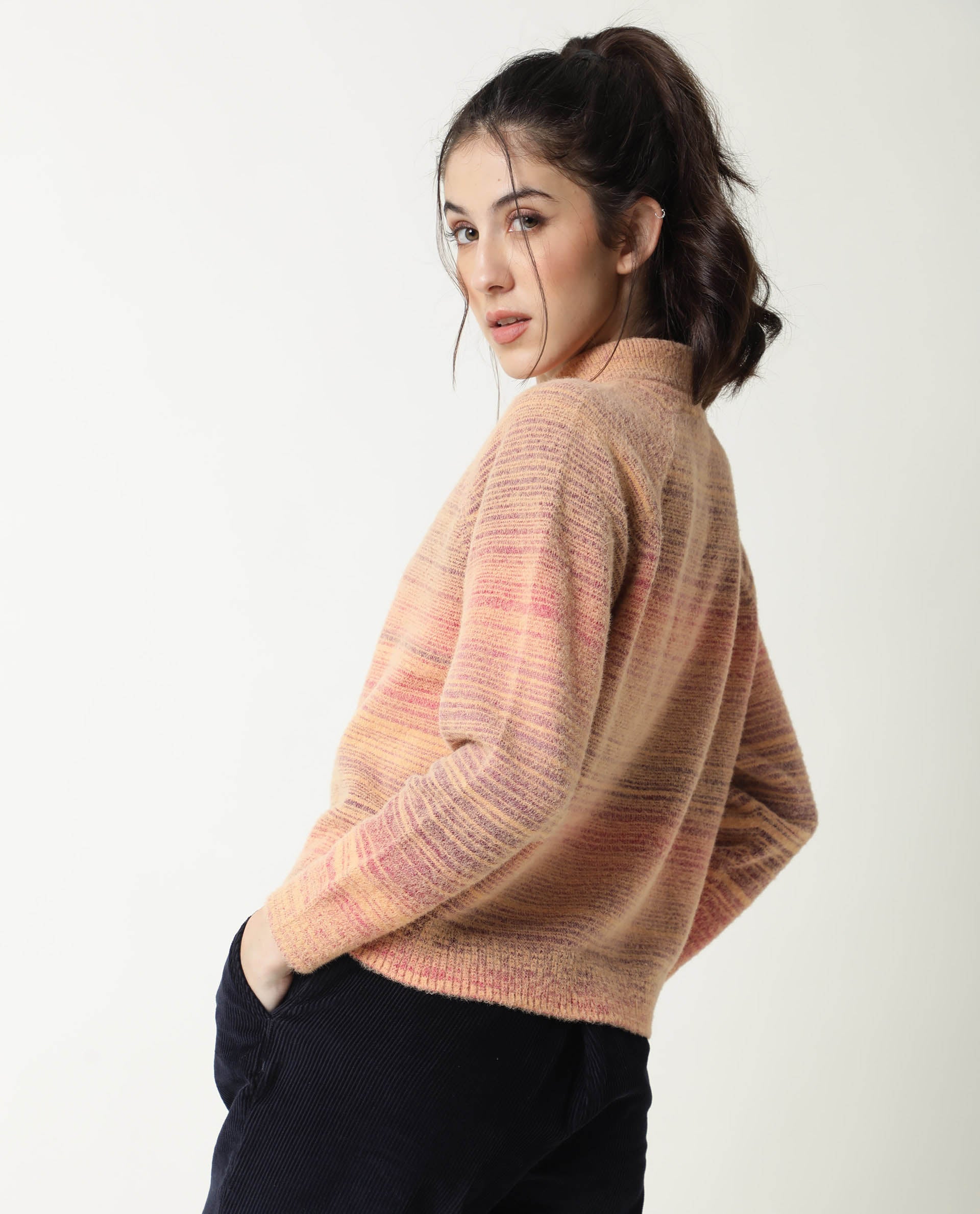 Rareism Women Rosalva Pink Nylon Fabric Full Sleeves Knee Length Regular Fit Ombre High Neck Sweater