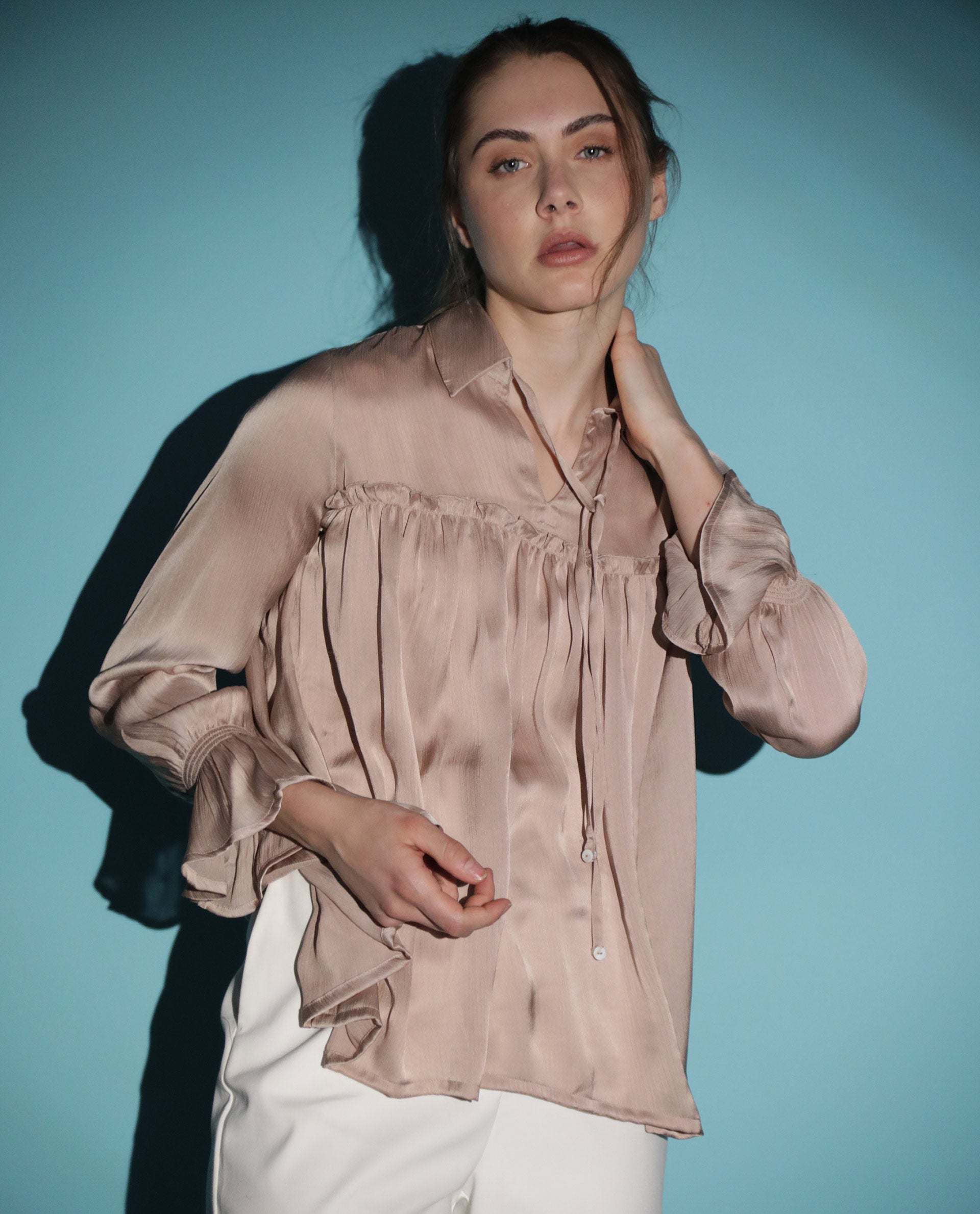 Rareism Women Poetess Light Pink Polyester Fabric Regular Fit Collared Neck Full Sleeves Solid Top