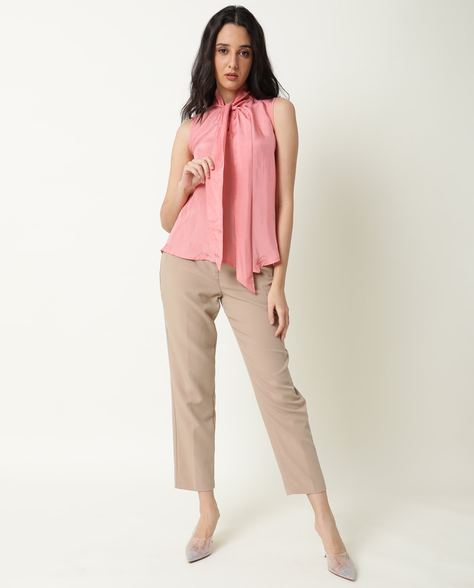 Rareism Women's Mac Pink Viscose Tie-Up Neck Plain Sleeveless Regular Fit Top