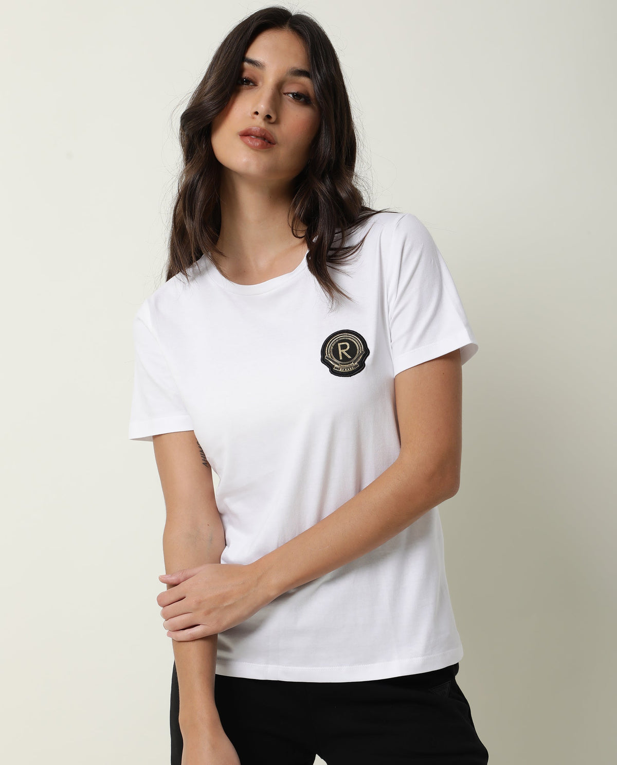 Rareism Women Fuji Off White Cotton Fabric Regular Fit Half Sleeves Graphic Print Crew Neck T-Shirt
