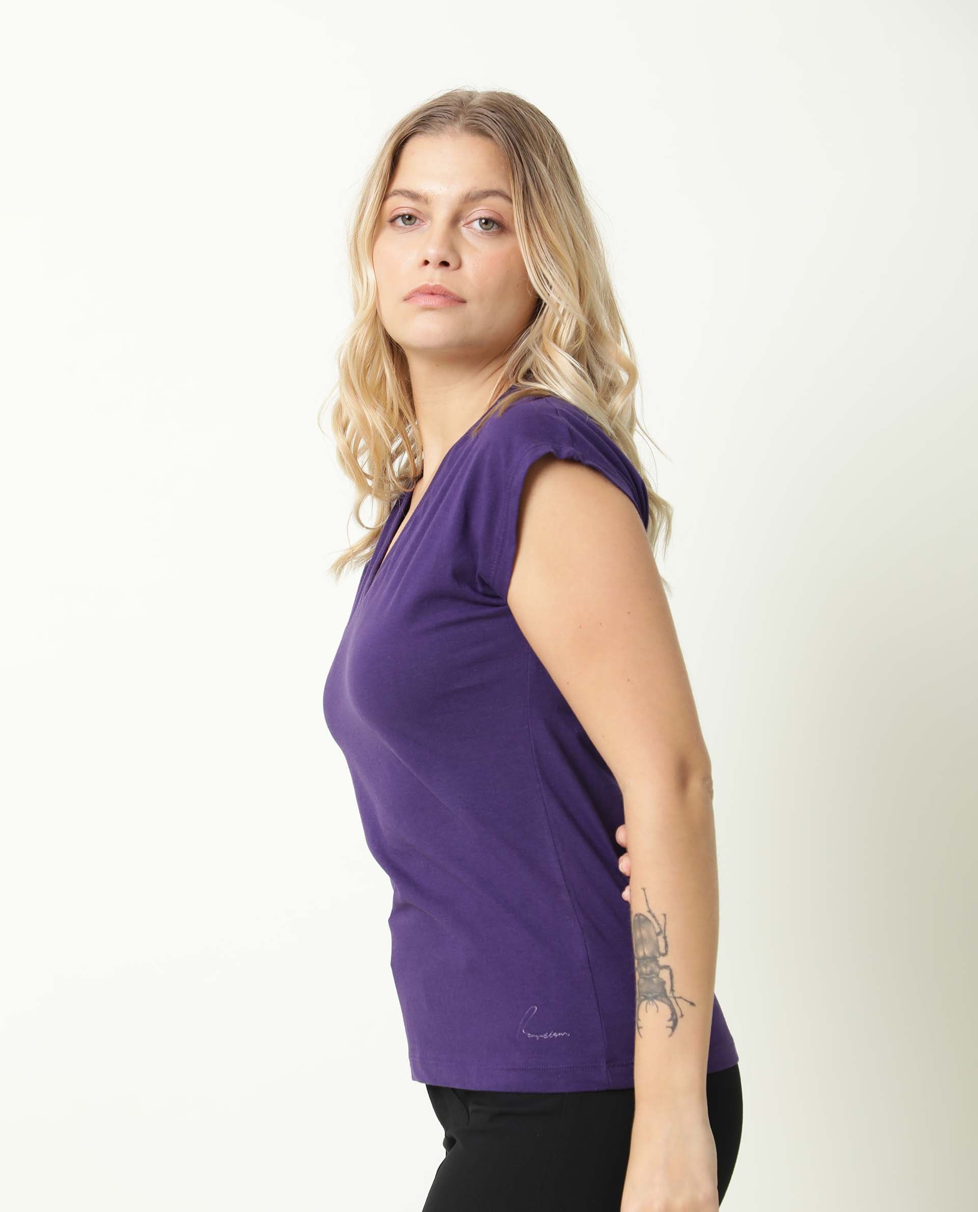 Rareism Women Debra Purple Cotton Fabric Regular Fit Half Sleeves Solid Crew Neck T-Shirt