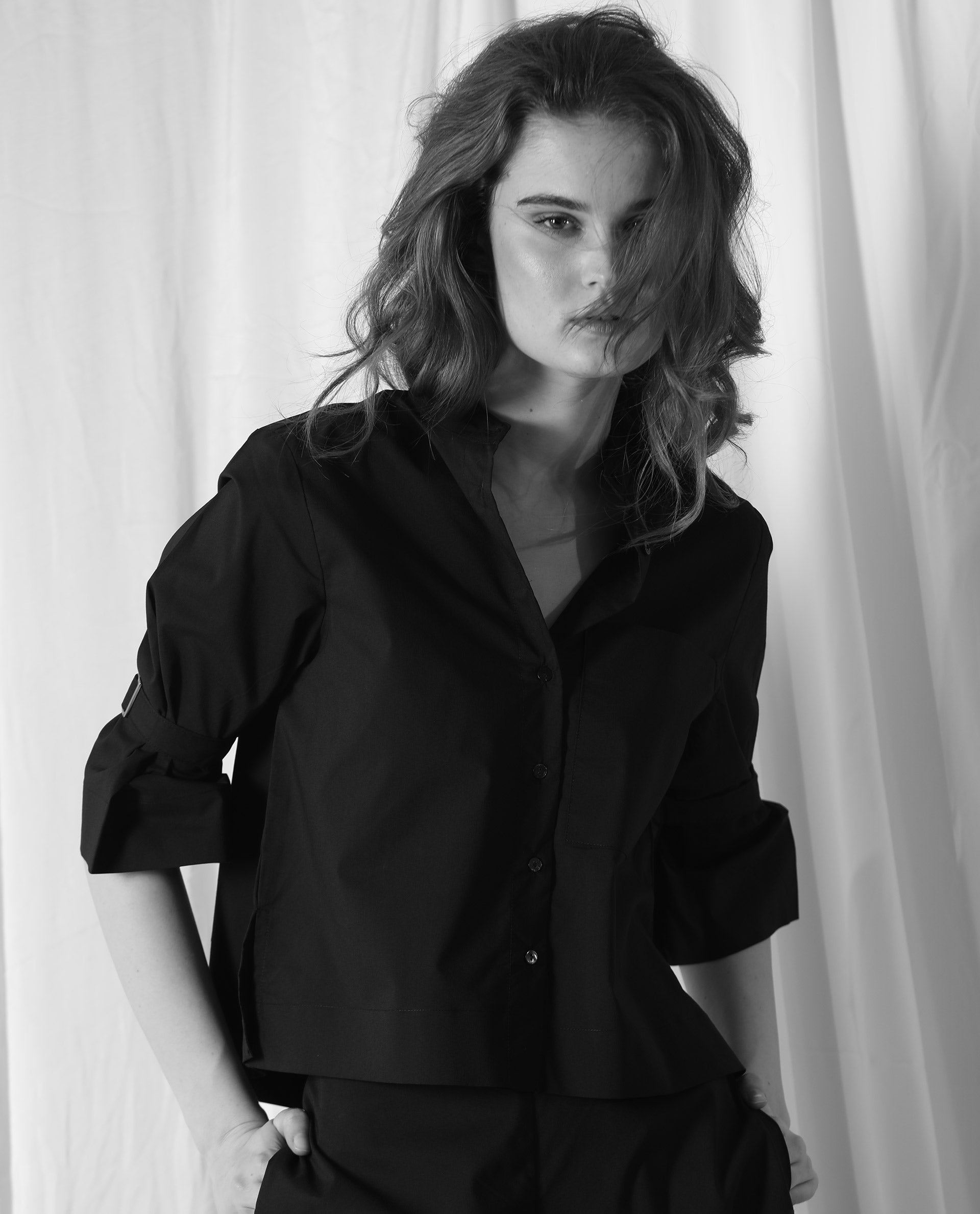 Rareism Women's Sendai Black Mandarin Collar Plain Knee Length Regular Fit Top