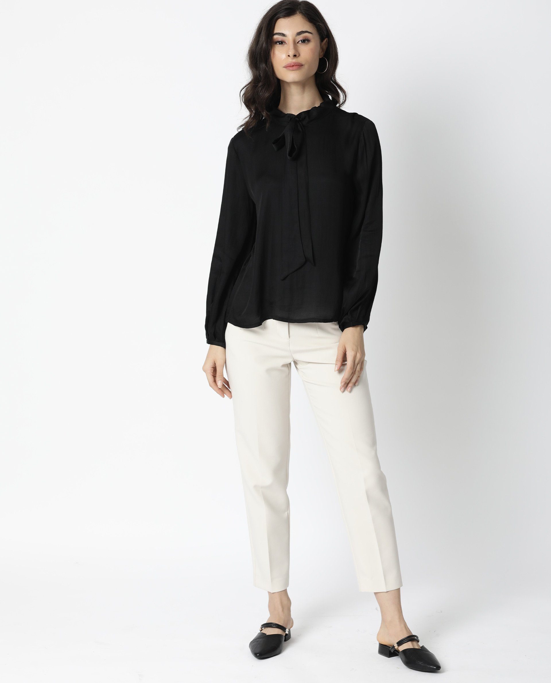 Rareism Women's Sleek Black Tie-Up Neck Plain Regular Fit Top