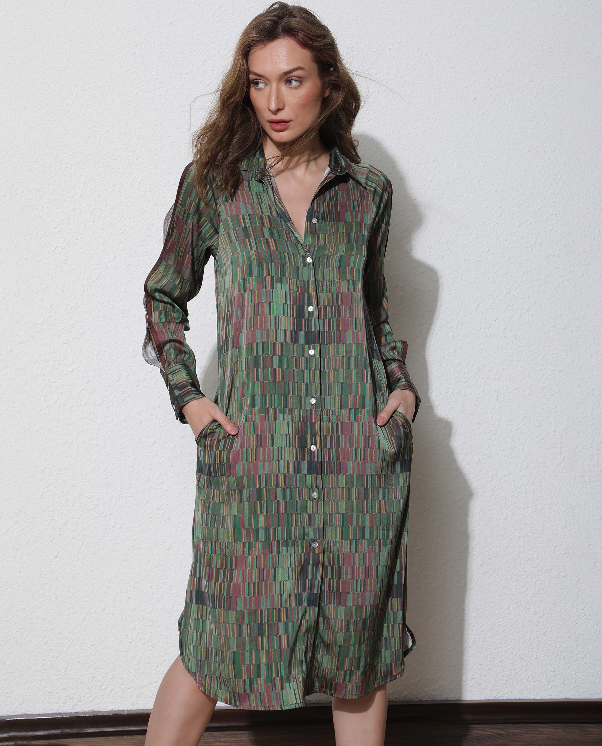 Rareism Women's Reign Olive Cotton Spread Collar Geometric Print Maxi Regular Fit Dress