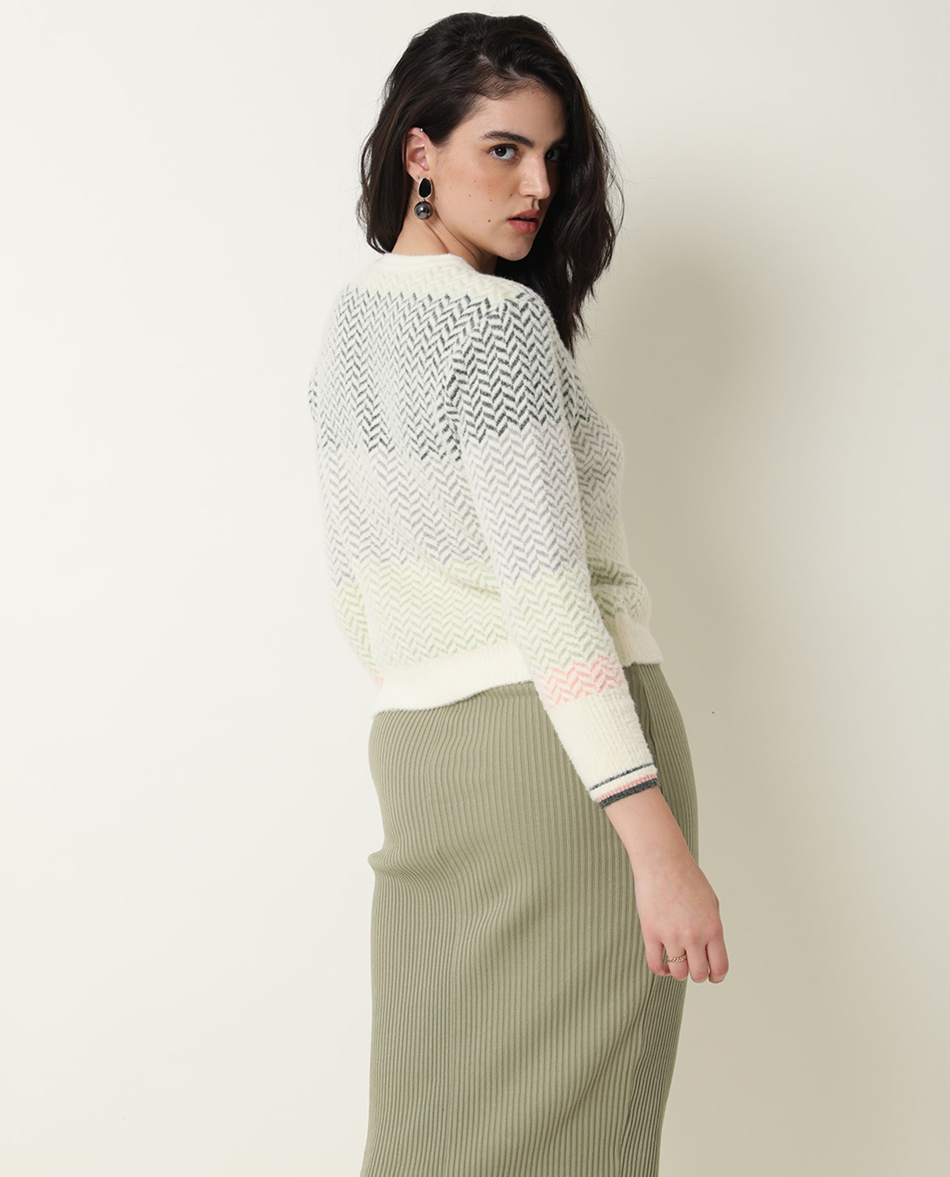 Rareism Women Herring Off White Nylon Fabric Full Sleeves Knee Length Regular Fit Color Blocked Round Neck Sweater