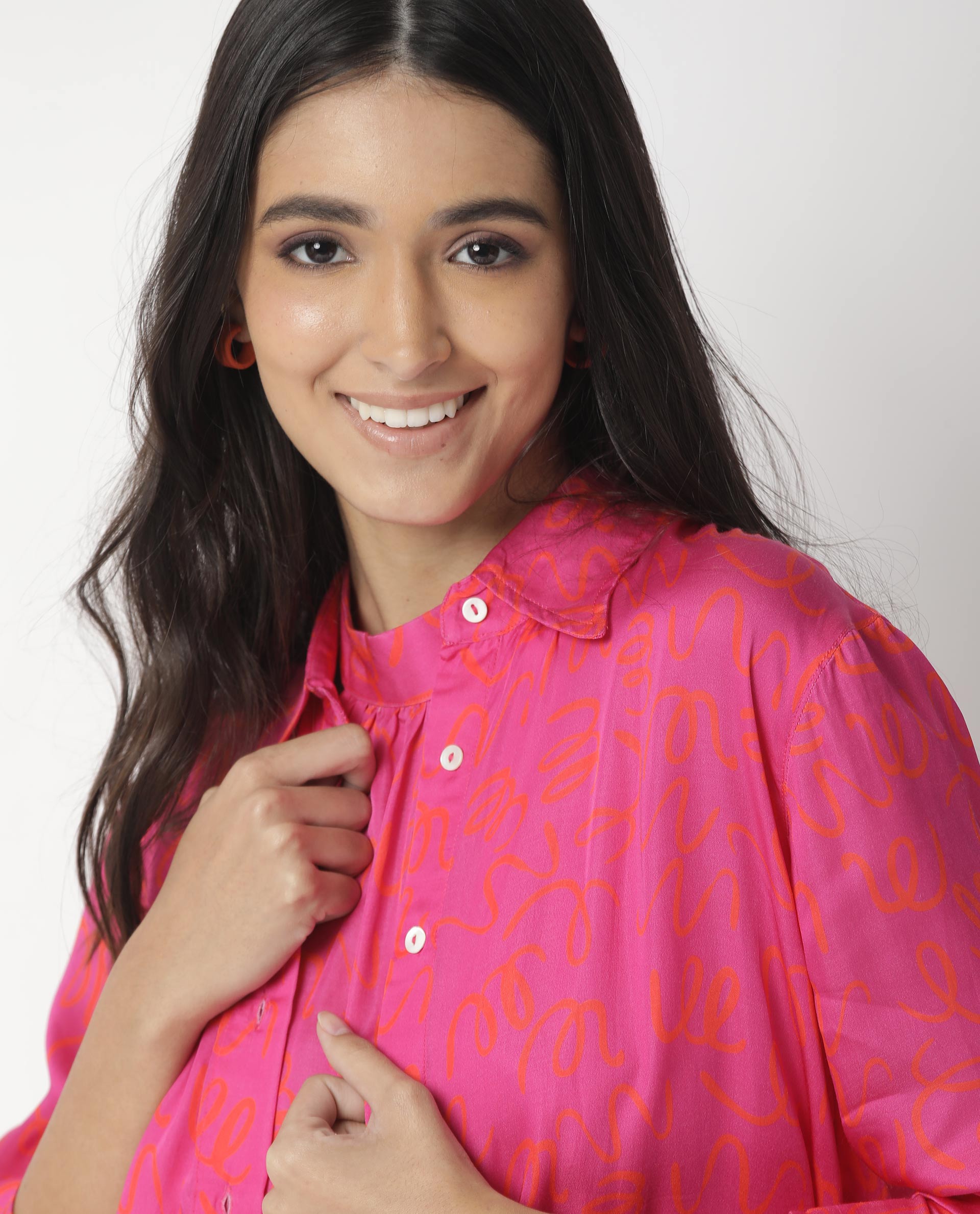 Rareism Womens Vani Pink Dress Modal Fabric Regular Fit Cuffed Sleeve Collared Neck