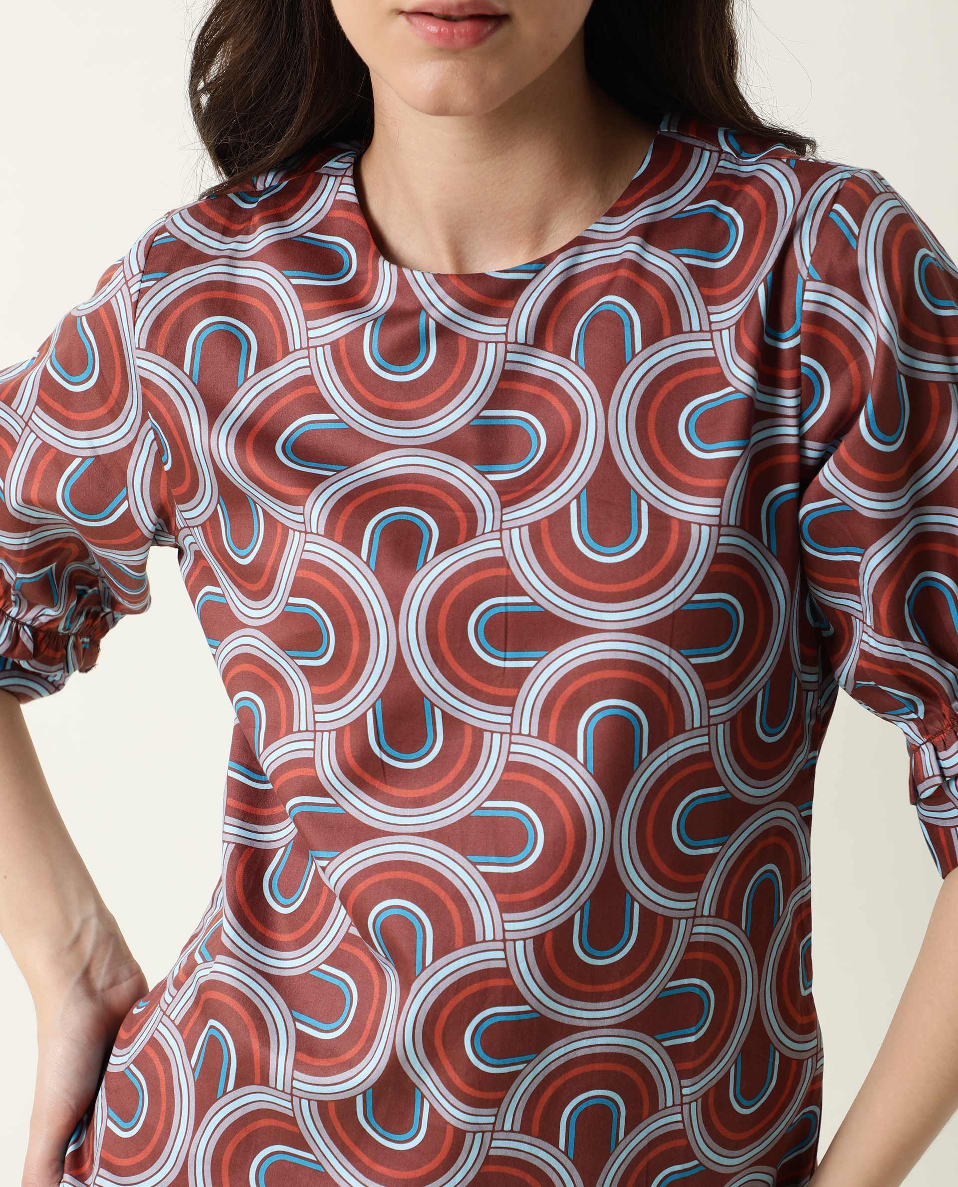 Rareism Women's Jimmi Brown Cotton Crew Neck Geometric Print Regular Fit Top