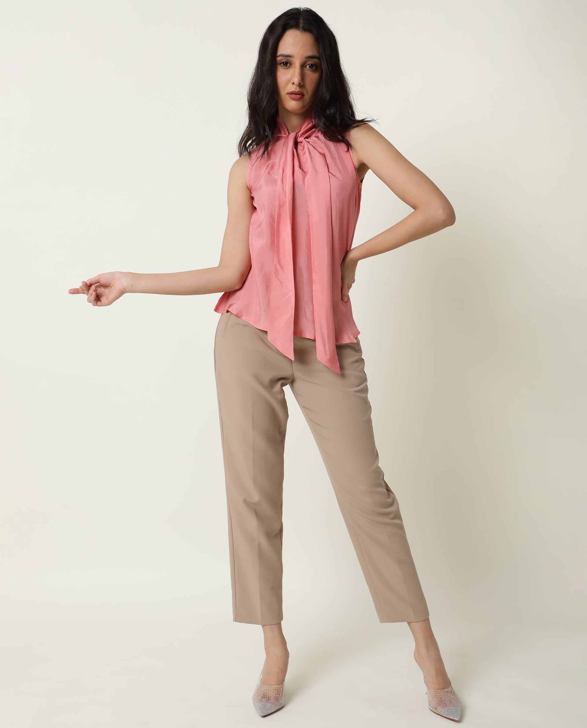 Rareism Women's Mac Pink Viscose Tie-Up Neck Plain Sleeveless Regular Fit Top