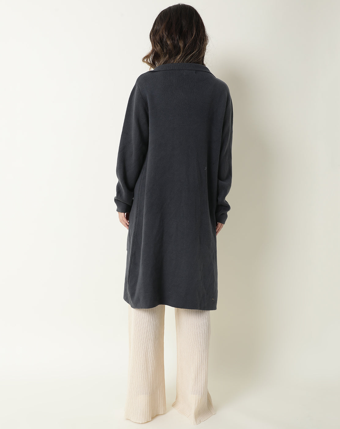 Rareism Women's Trident Grey Cotton Lapel Neck Plain Knee Length Regular Fit Sweater