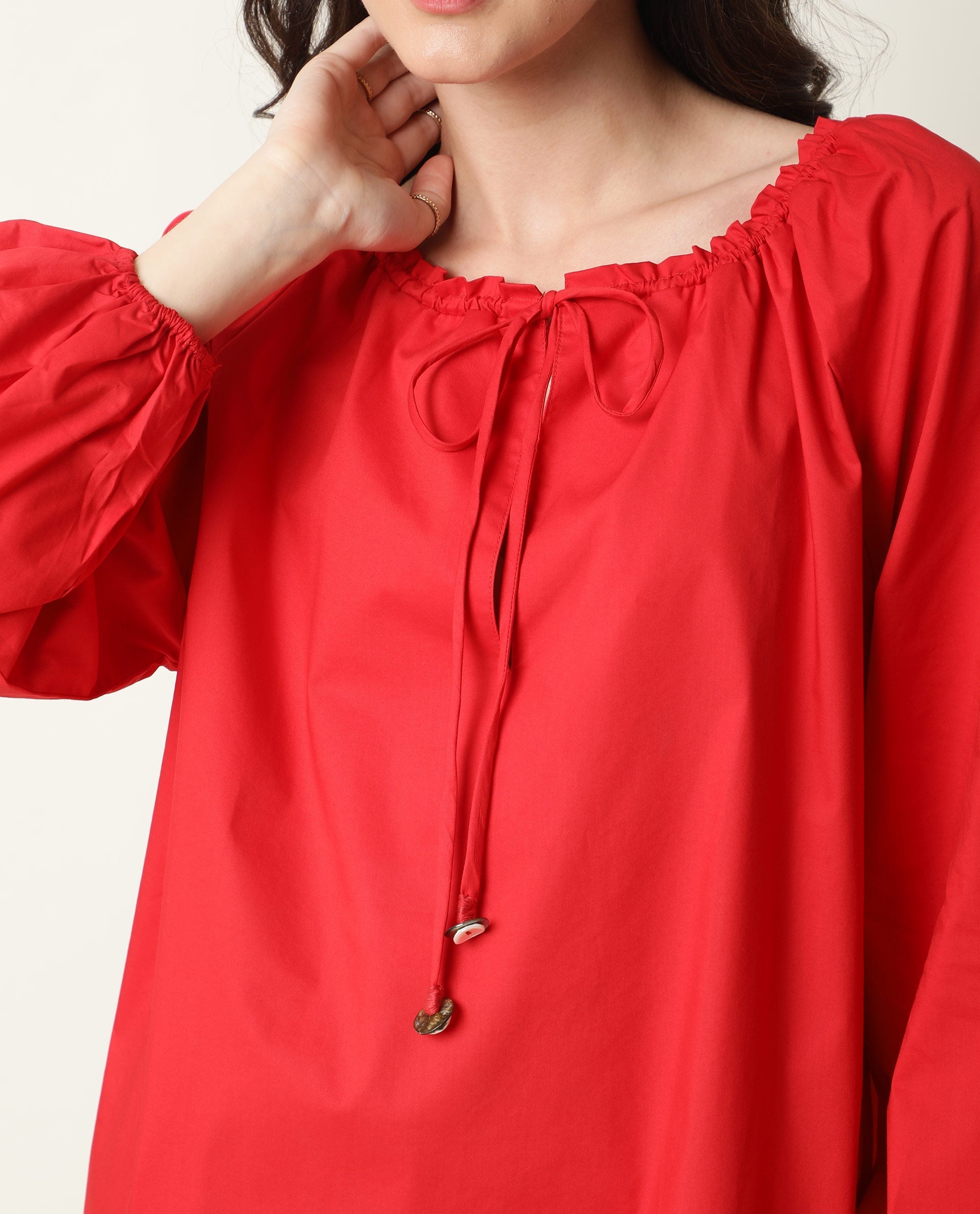 Rareism Womens Sapie Red Dress Cotton Fabric Boxy Fit Round Neck