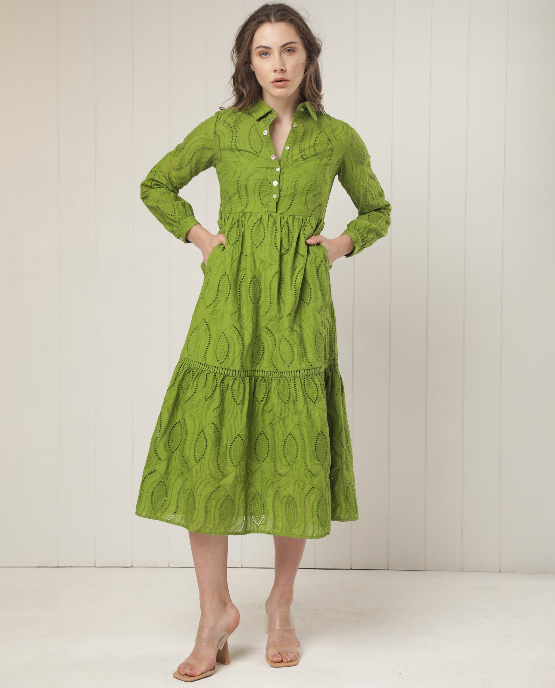 Rareism Women's Darcy Green Cotton Spread Collar Schiffli Knee Length Slim Fit Dress