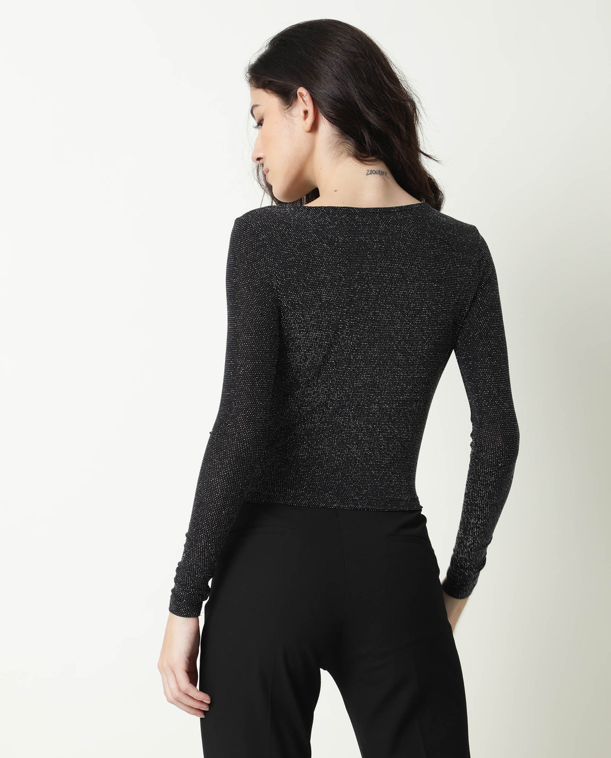 Rareism Women Ring Black Top Nylon Fabric Full Sleeves Solid