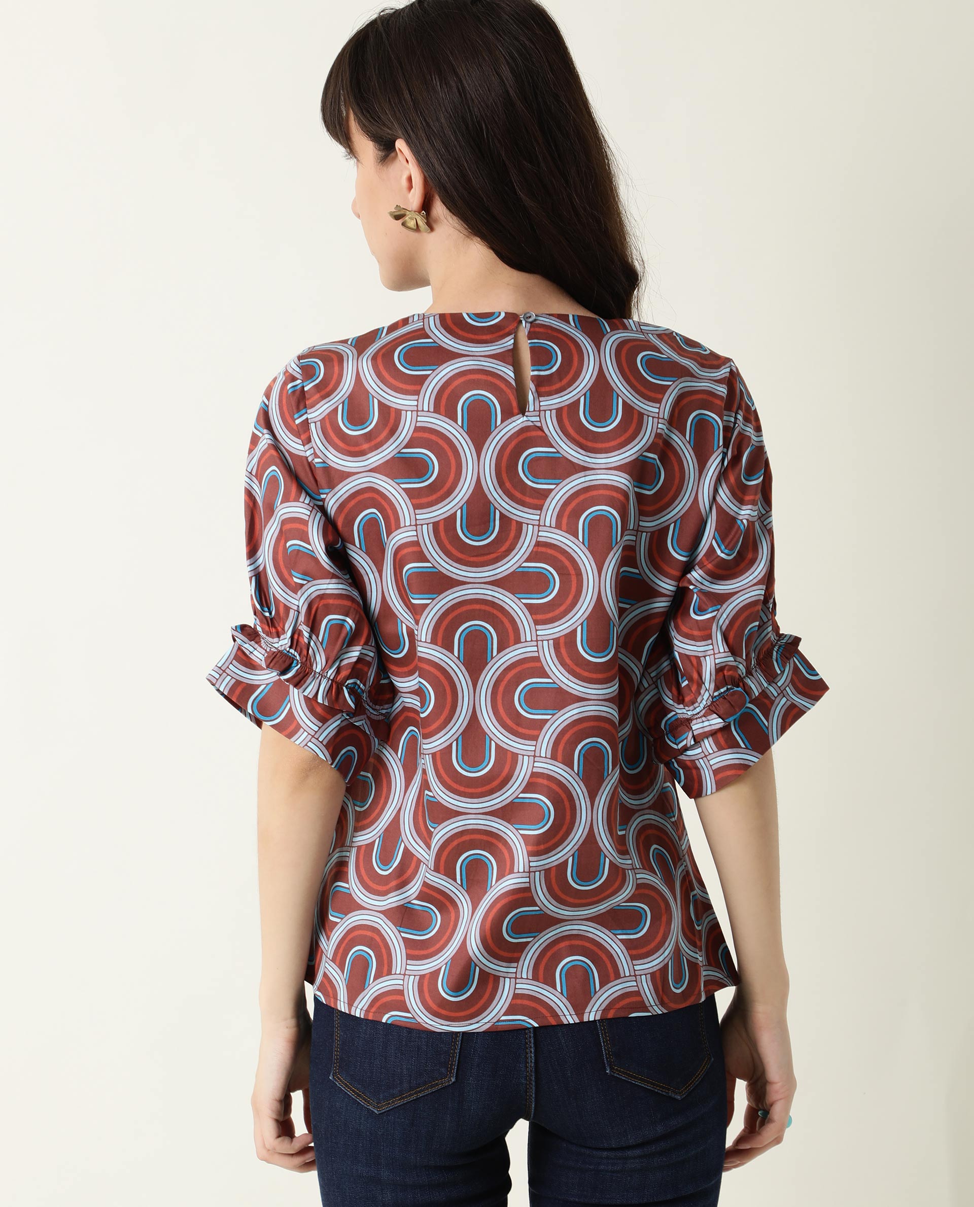 Rareism Women's Jimmi Brown Cotton Crew Neck Geometric Print Regular Fit Top