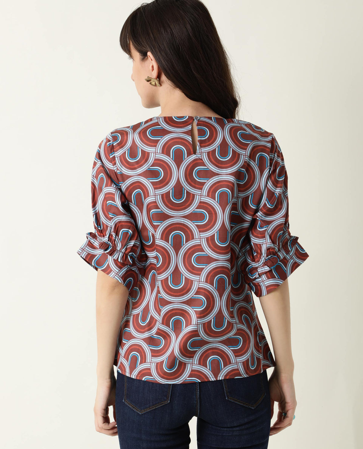 Rareism Women Jimmi Brown Cotton Fabric Regular Fit Round Neck Half Sleeves Print Top