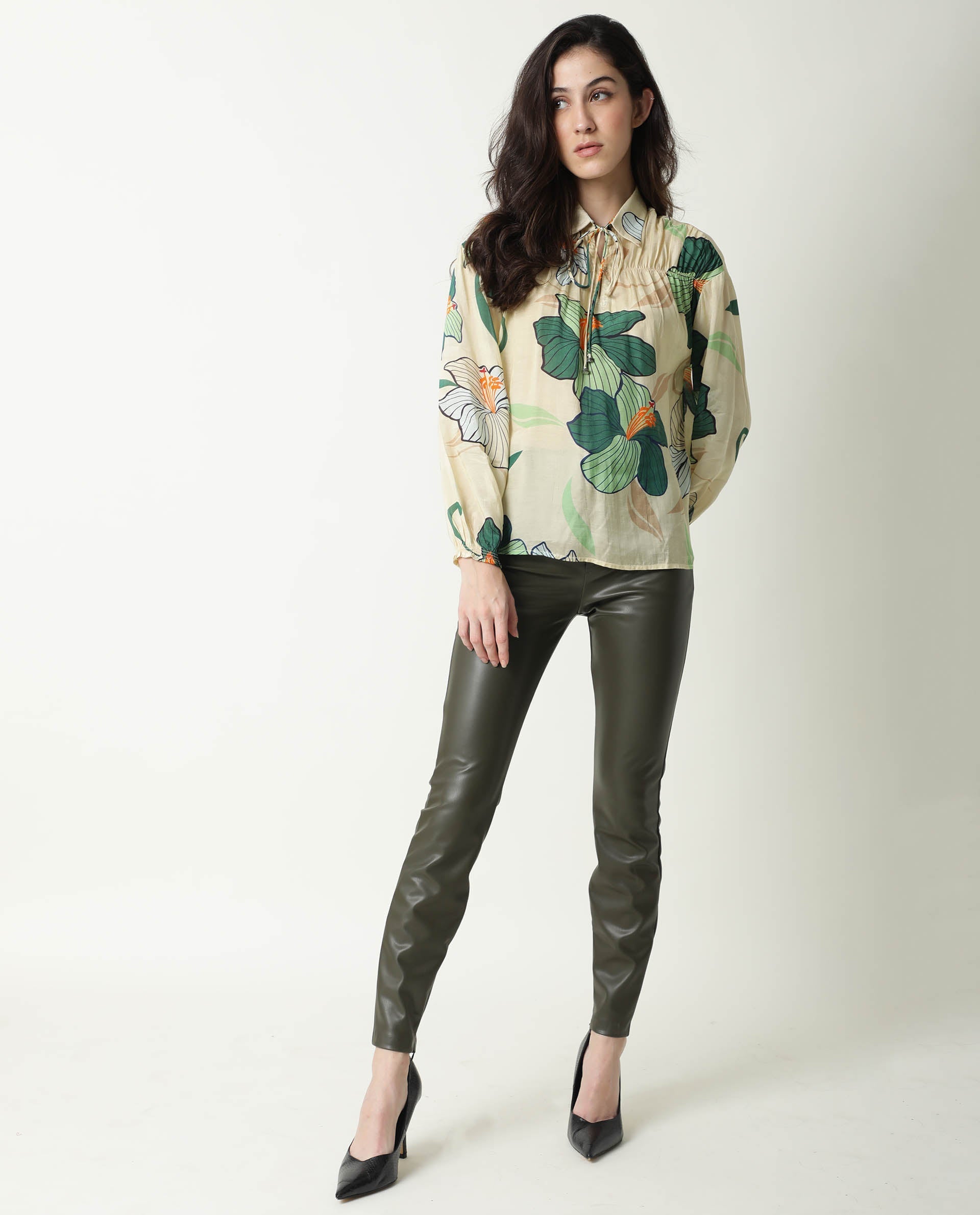 Rareism Womens Kalina Off White Top Cotton Silk Fabric Full Sleeve Key Hole Neck