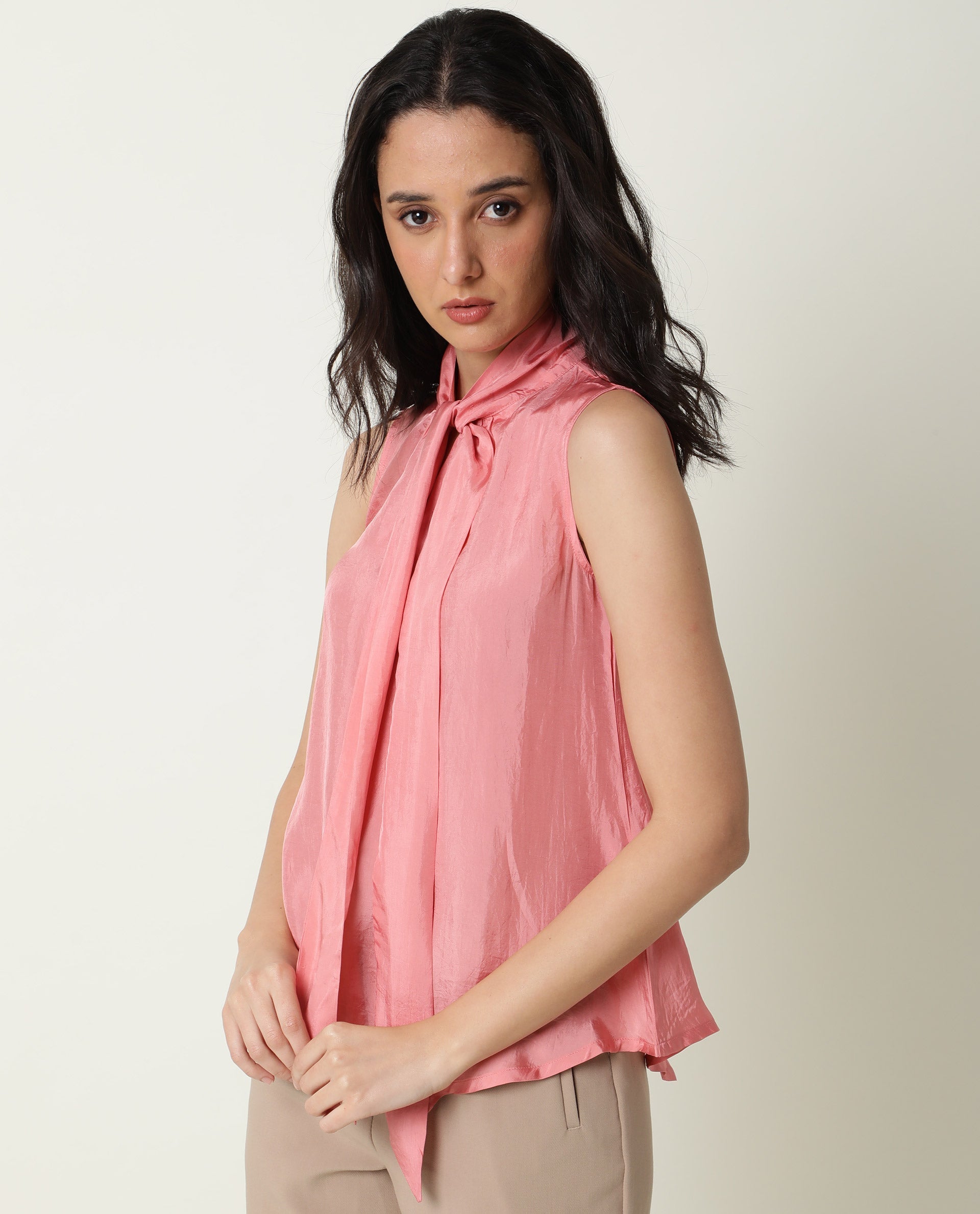 Rareism Women's Mac Pink Viscose Tie-Up Neck Plain Sleeveless Regular Fit Top