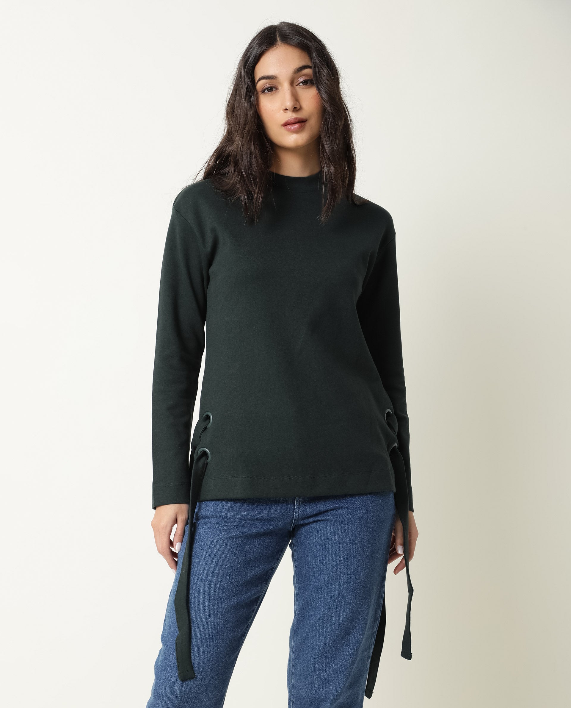 Rareism Women's Ross- Green Cotton Crew Neck Plain Regular Fit Top