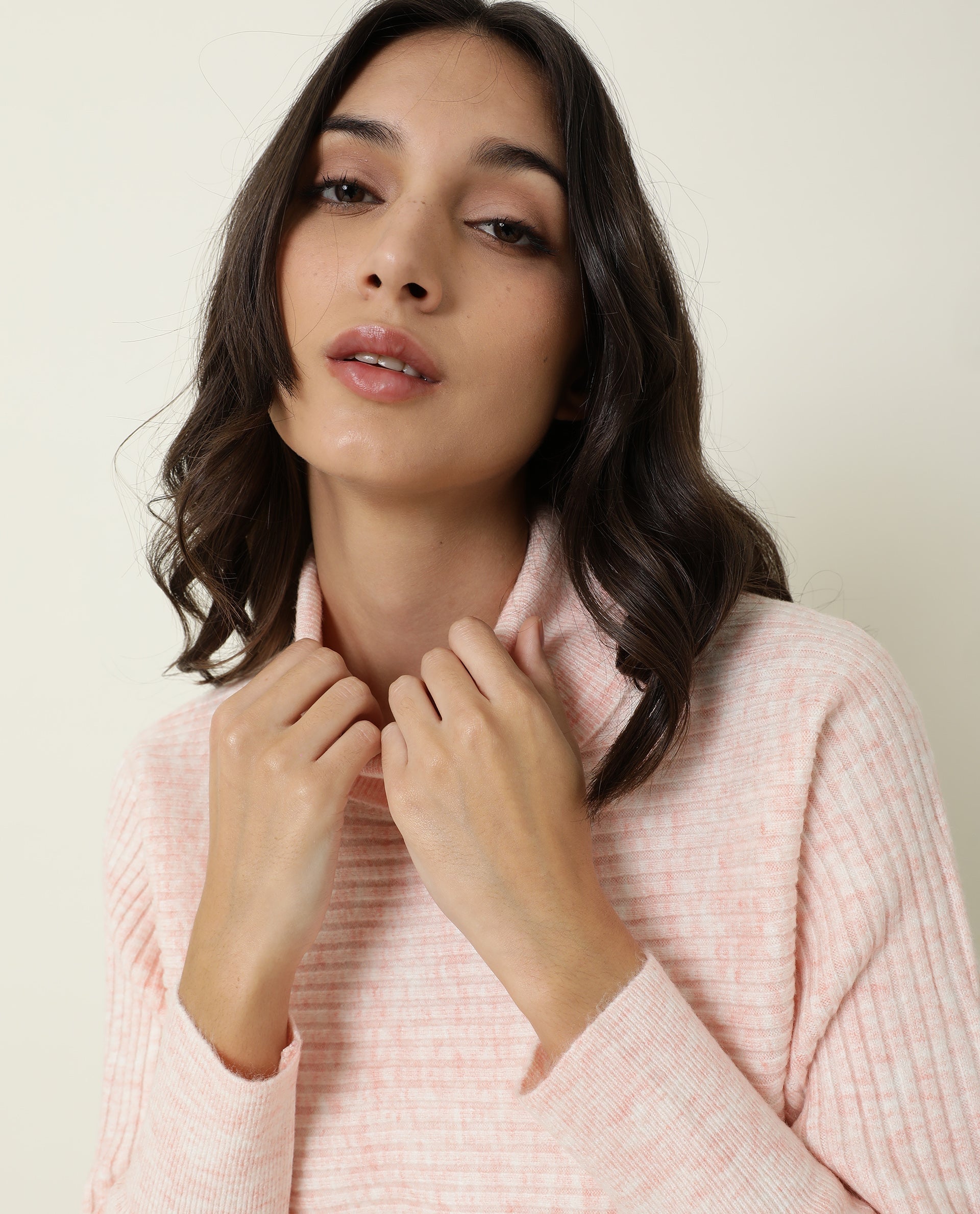 Rareism Women's Levour Pink Acrylic Turtle Neck Plain Relaxed Fit Sweater
