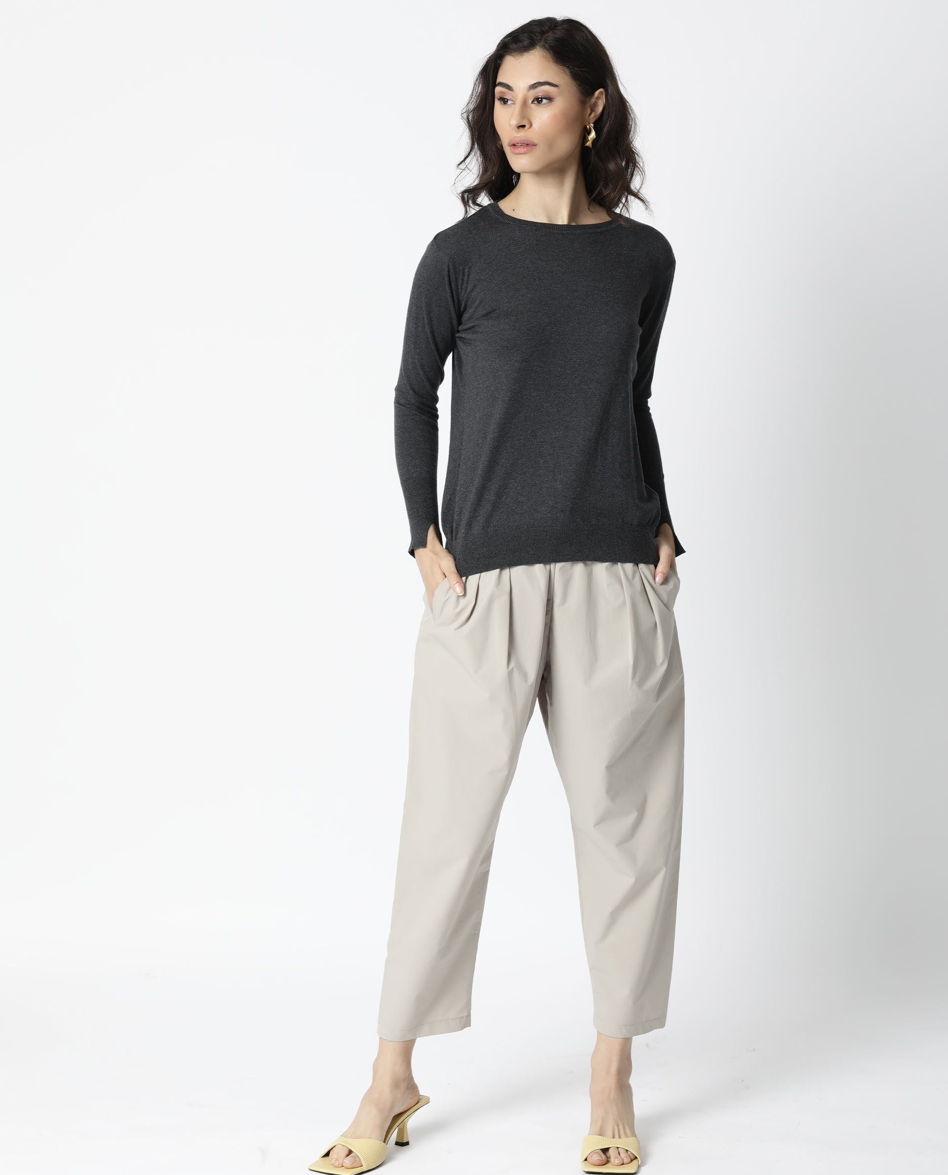 Rareism Women Plum Melange Grey Cotton Fabric Full Sleeves Regular Fit Solid Boat Neck Sweater