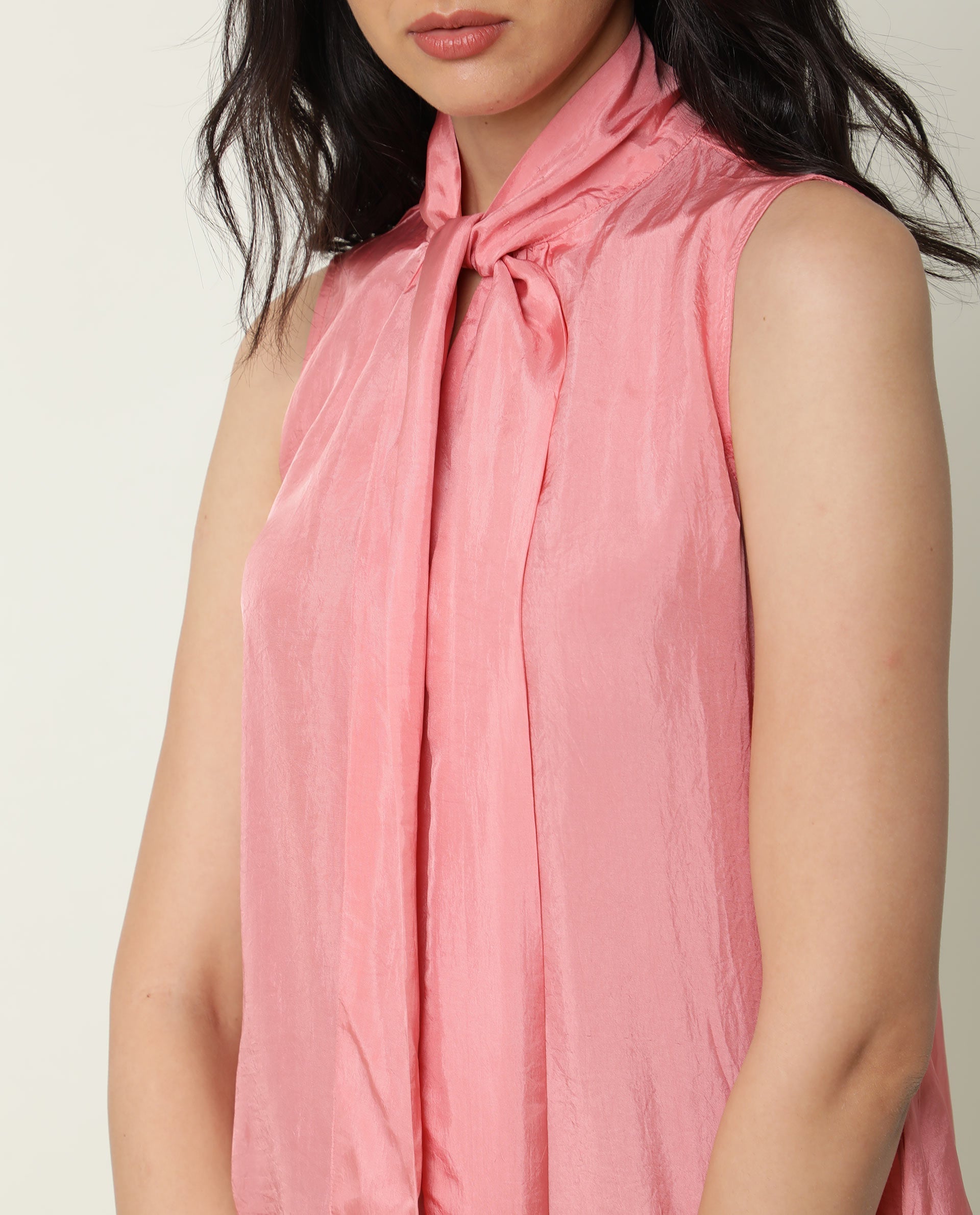 Rareism Women's Mac Pink Viscose Tie-Up Neck Plain Sleeveless Regular Fit Top