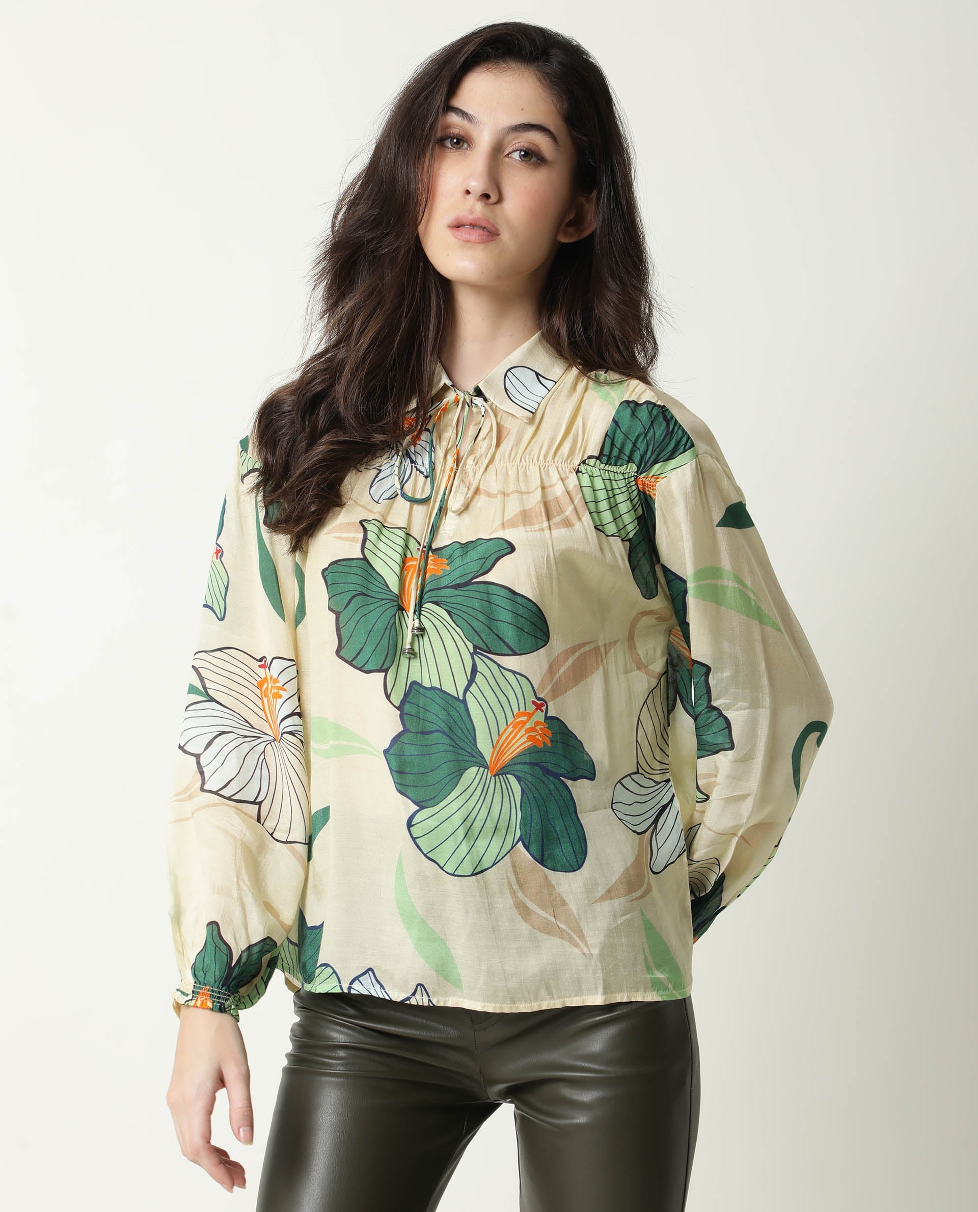 Rareism Womens Kalina Off White Top Cotton Silk Fabric Full Sleeve Key Hole Neck