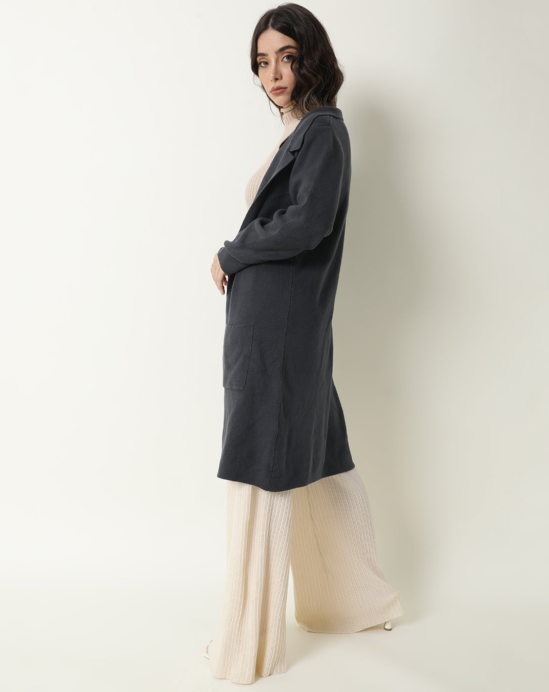 Rareism Women Trident Grey Cotton Fabric Full Sleeves Knee Length Regular Fit Solid Lapel Neck Sweater