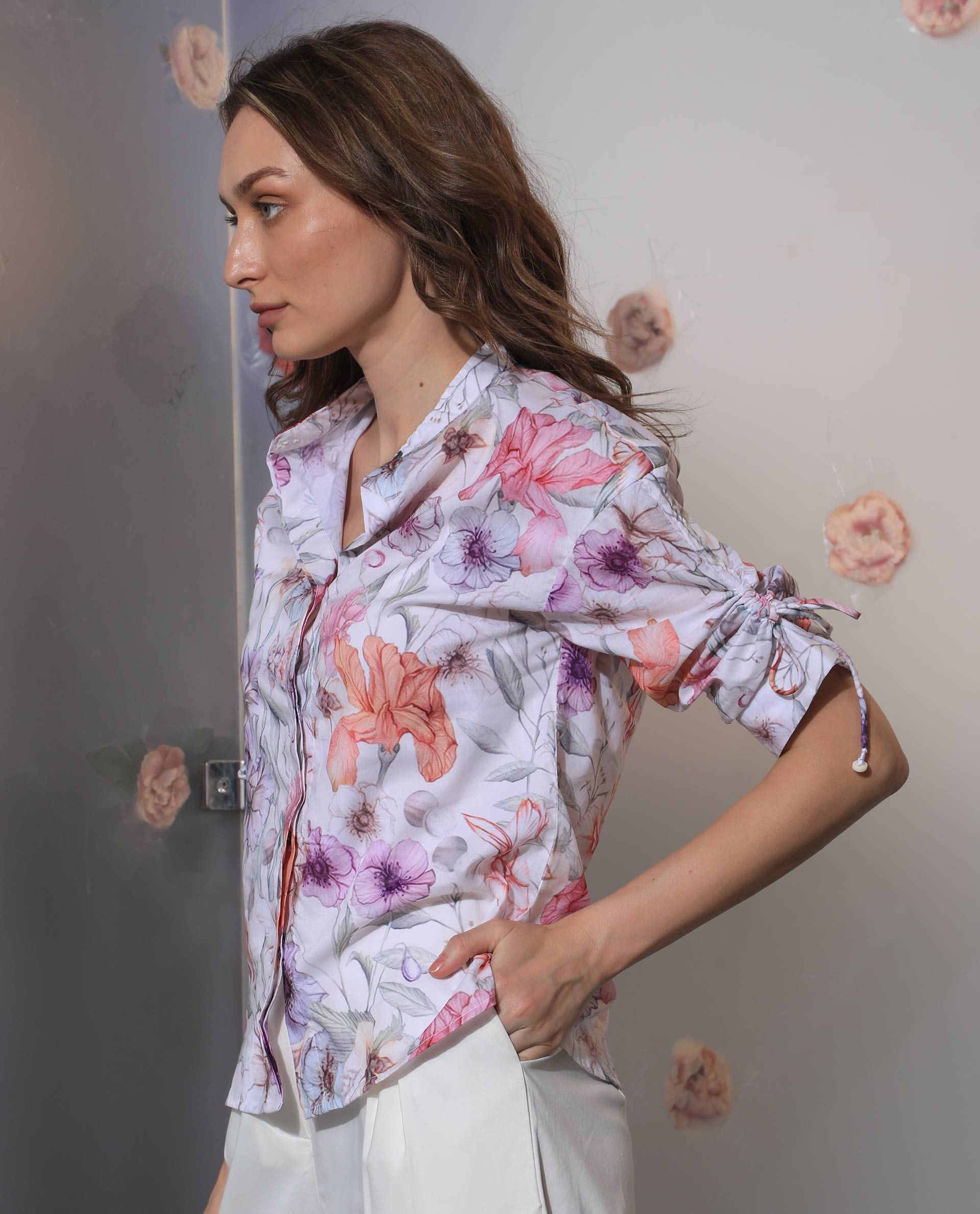 Rareism Women's Roxy Multi Cotton Mandarin Collar Floral Print Regular Fit Top