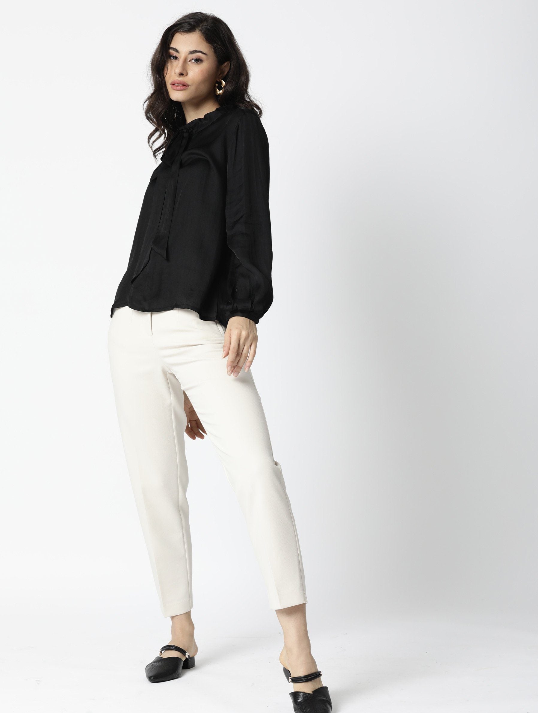 Rareism Women's Sleek Black Tie-Up Neck Plain Regular Fit Top