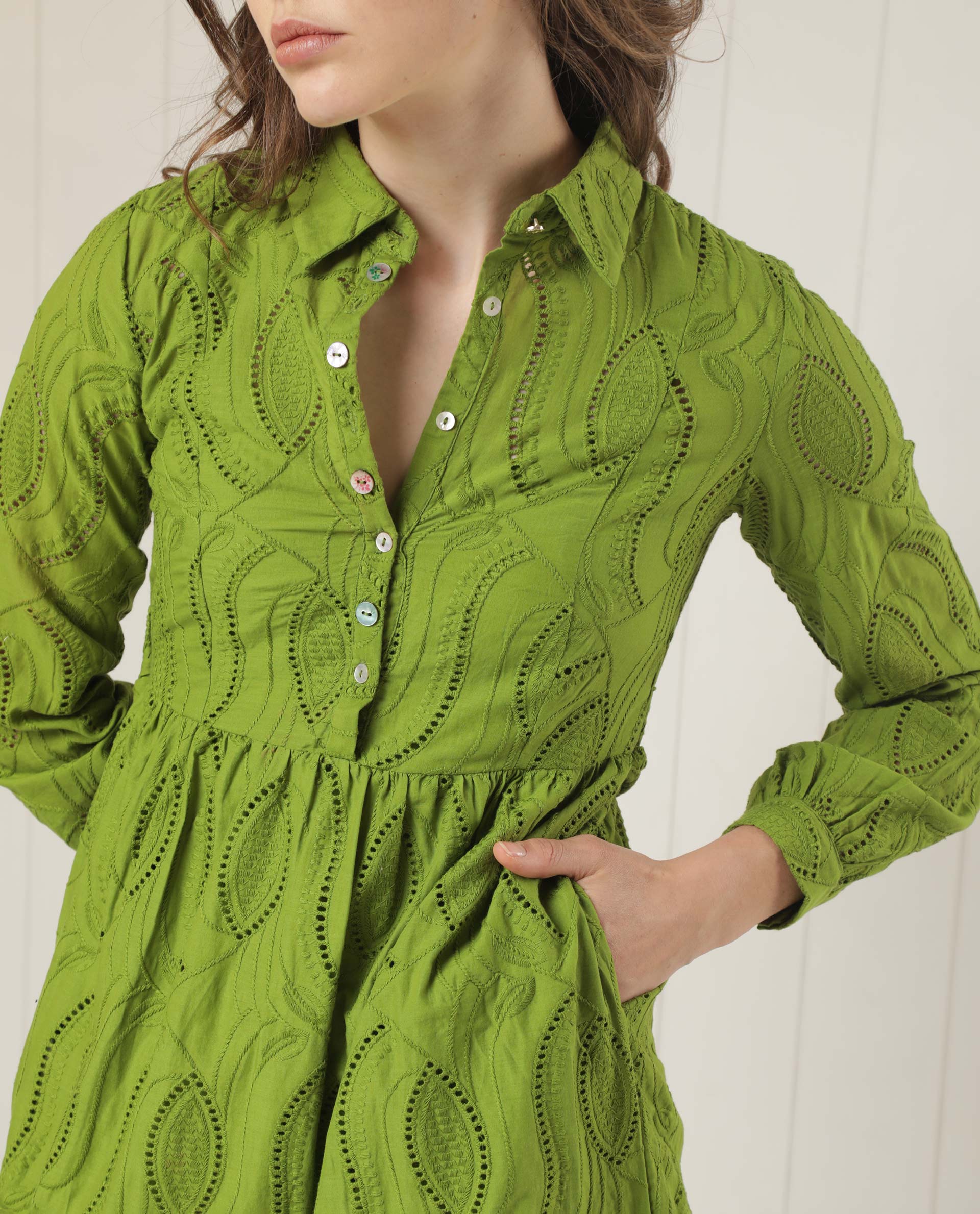 Rareism Women's Darcy Green Cotton Spread Collar Schiffli Knee Length Slim Fit Dress