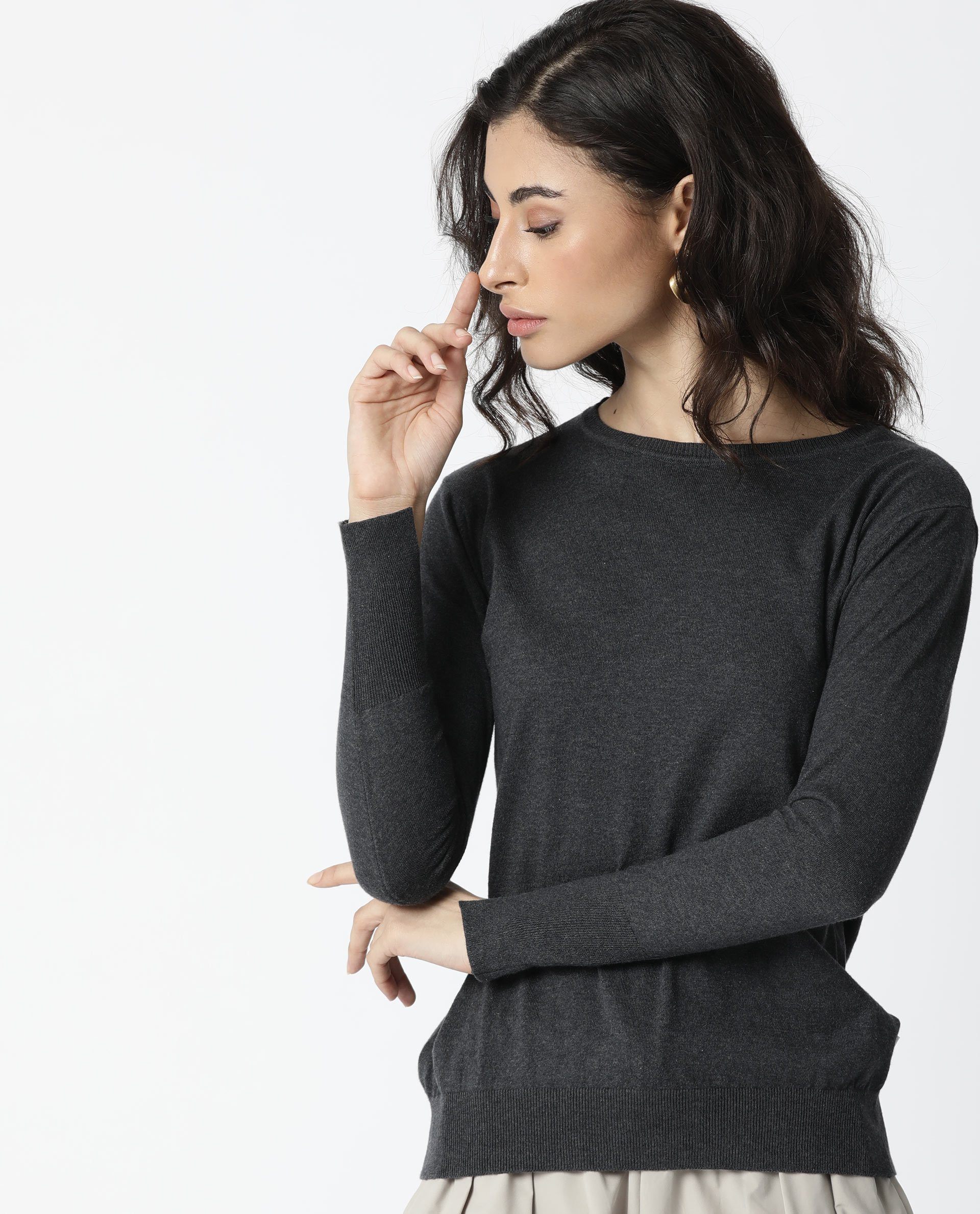Rareism Women Plum Melange Grey Cotton Fabric Full Sleeves Regular Fit Solid Boat Neck Sweater