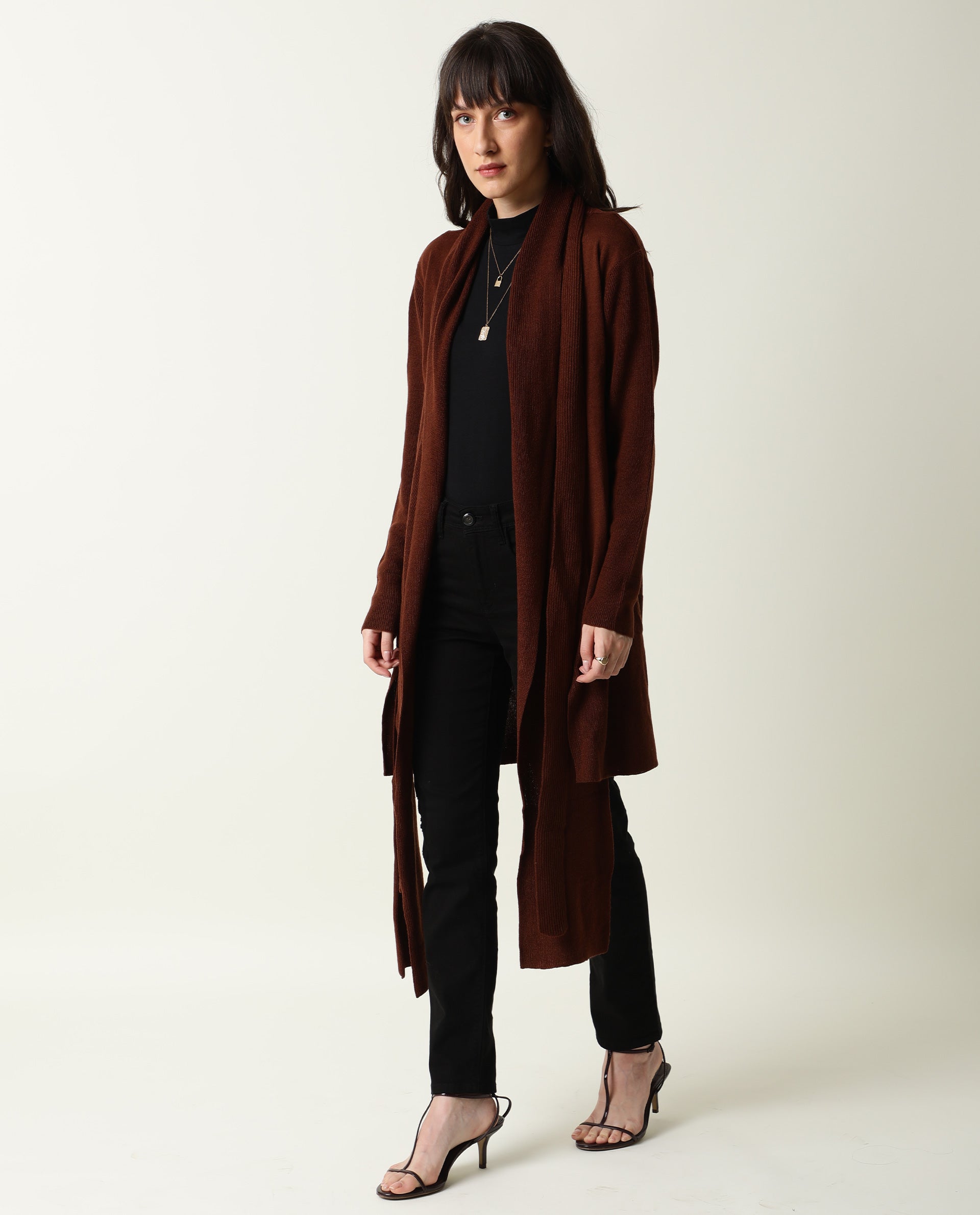 Rareism Women's Flap Brown Acrylic Collarless Plain Knee Length Regular Fit Sweater