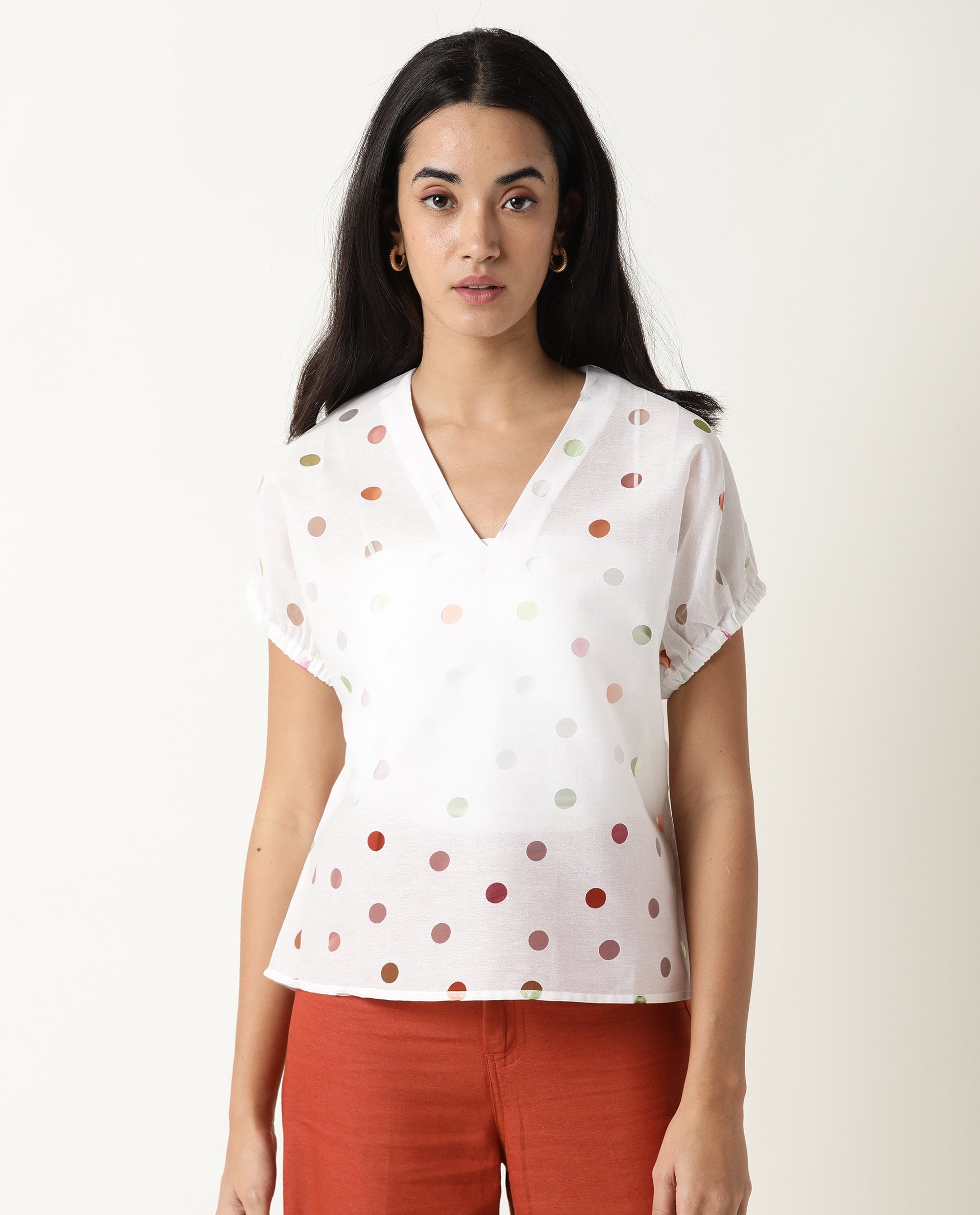 Rareism Women's Misan White V-Neck Color Block Knee Length Regular Fit Top