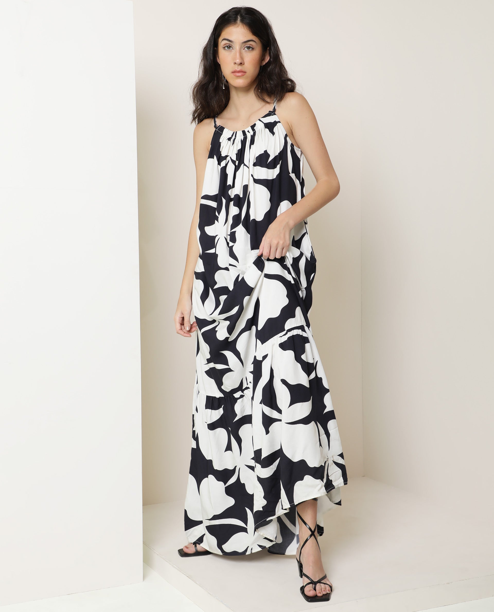 Rareism Women's Zahara Black Viscose Shoulder Strap Floral Print Shoulder Strap Knee Length Regular Fit Dress