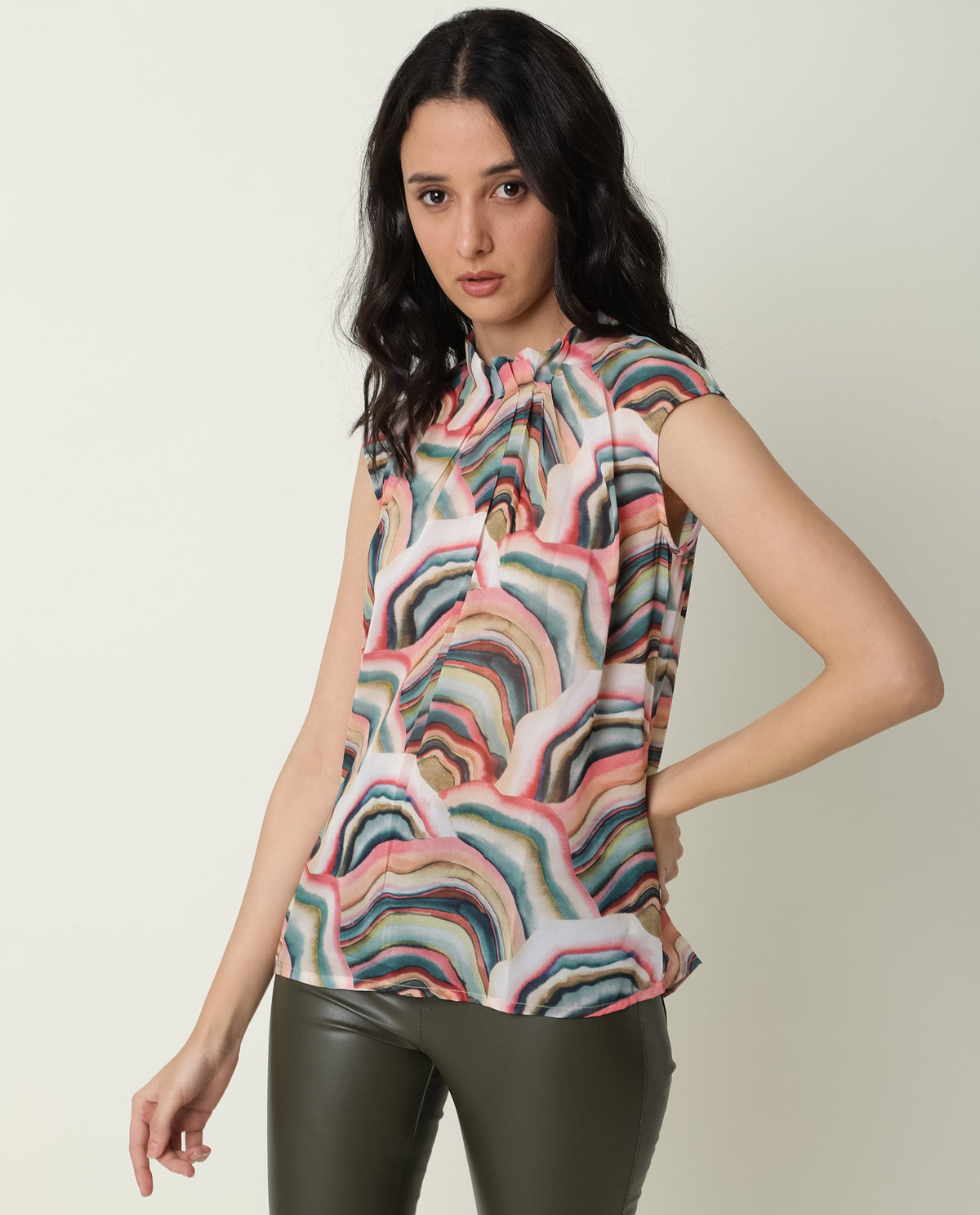 Rareism Women Colette Multi Polyester Fabric Regular Fit High Neck Sleeveless Abstract Print Top
