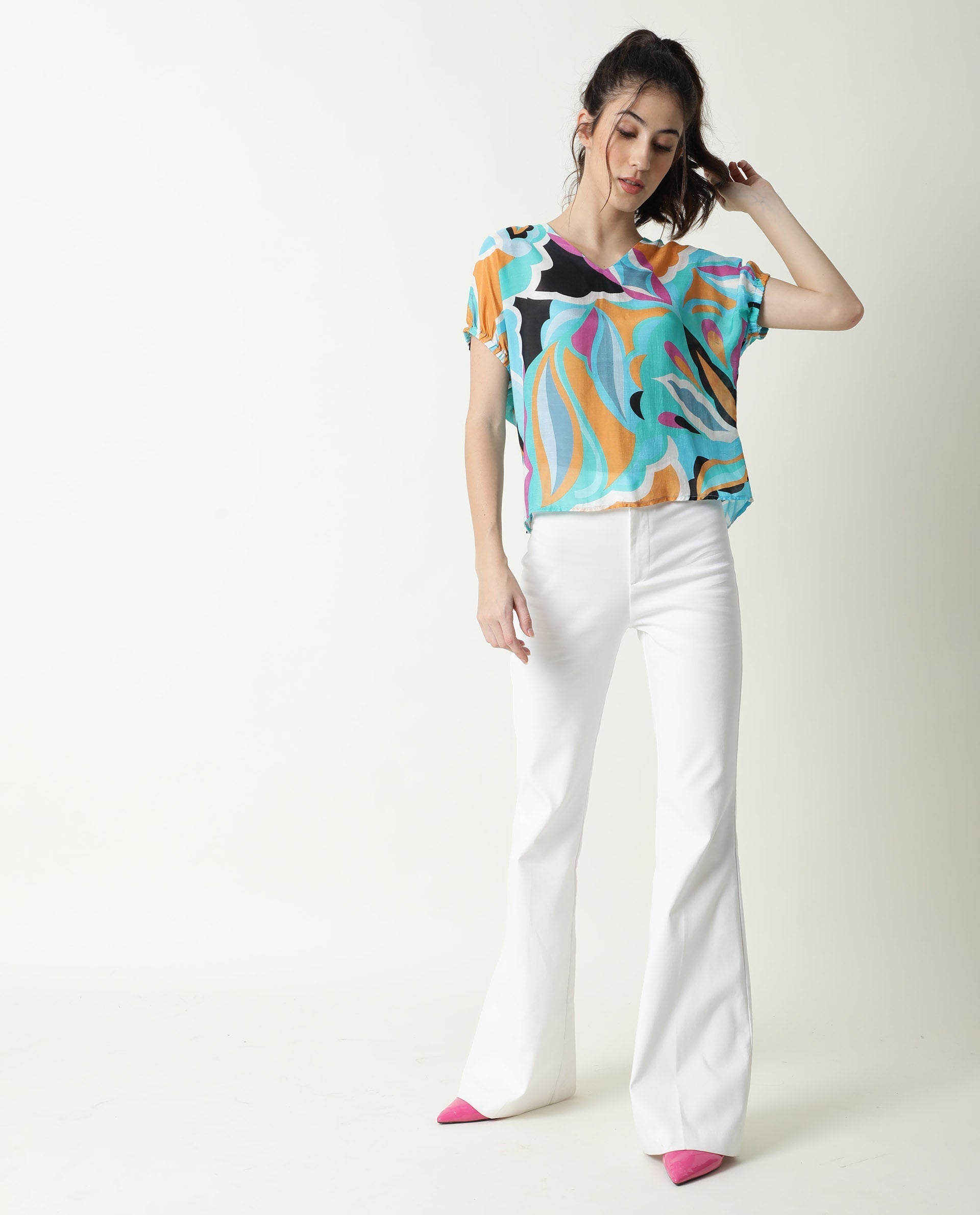 Rareism Women's Maverick Multi Cotton Blend V-Neck Abstract Print Relaxed Fit Top