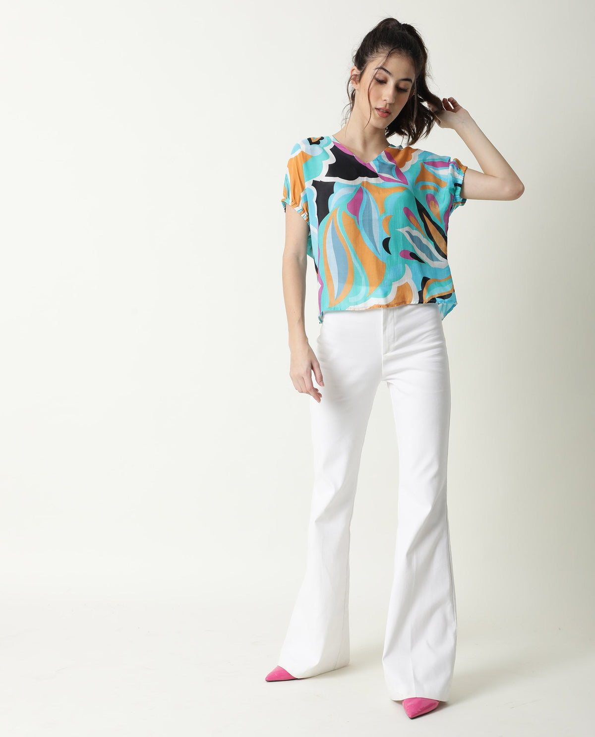 Rareism Women Maverick Multi Cotton Silk Fabric Relaxed Fit V-Neck Half Sleeves Abstract Print Top