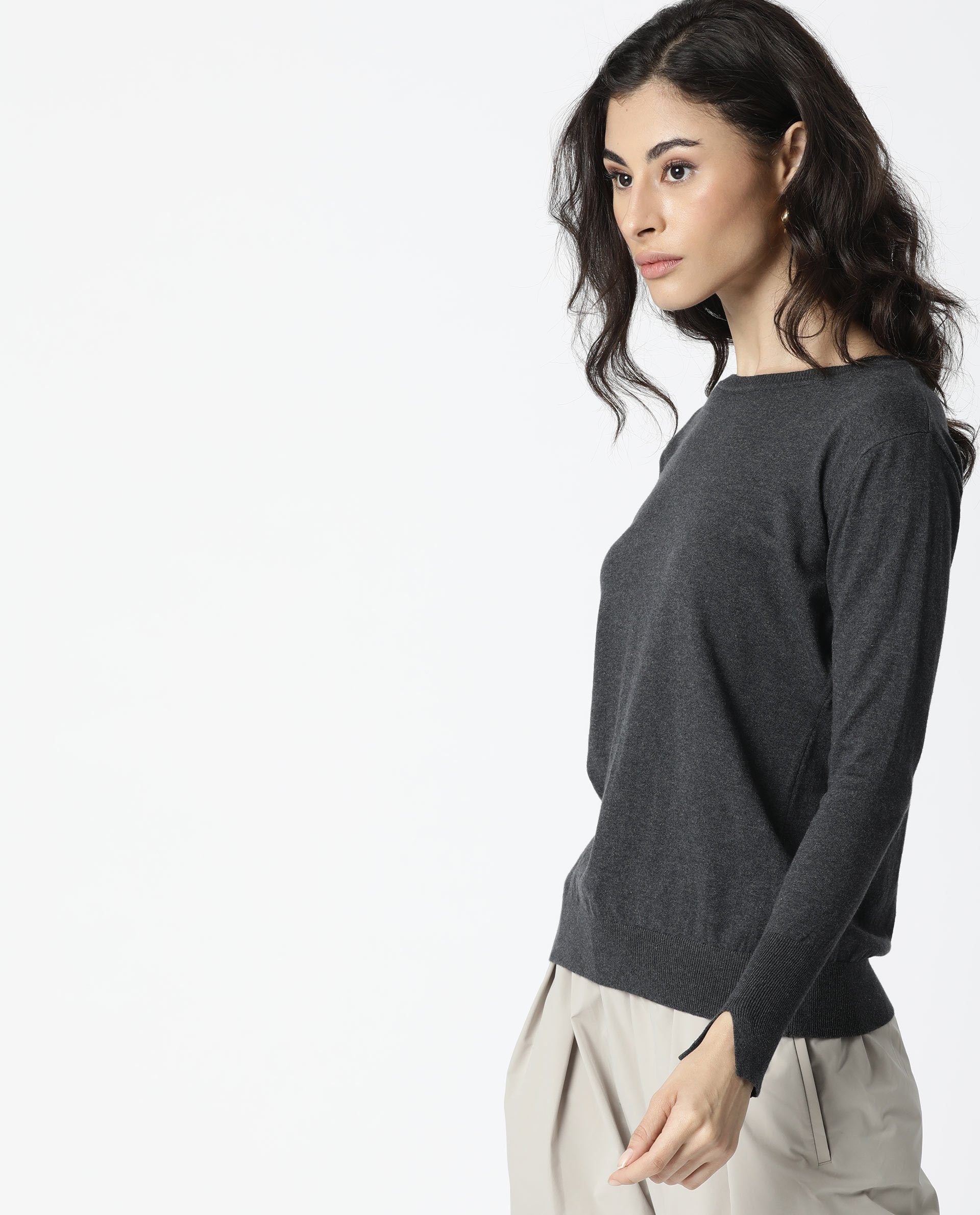 Rareism Women Plum Melange Grey Cotton Fabric Full Sleeves Regular Fit Solid Boat Neck Sweater