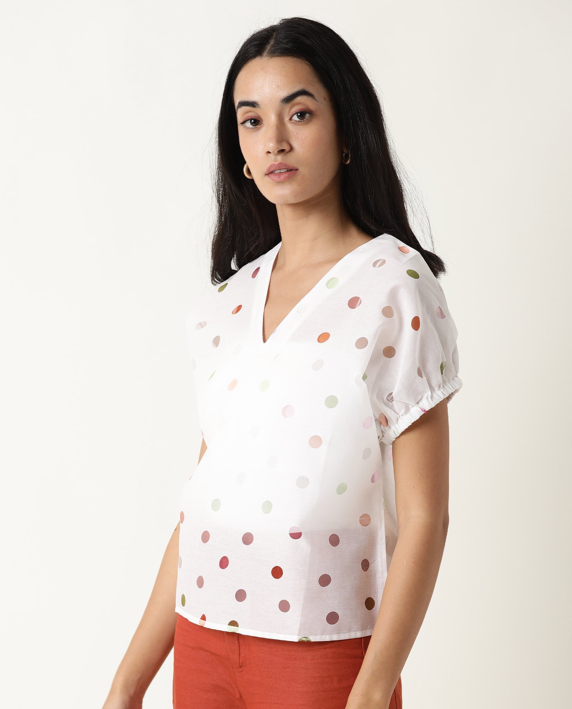 Rareism Women's Misan White V-Neck Color Block Knee Length Regular Fit Top