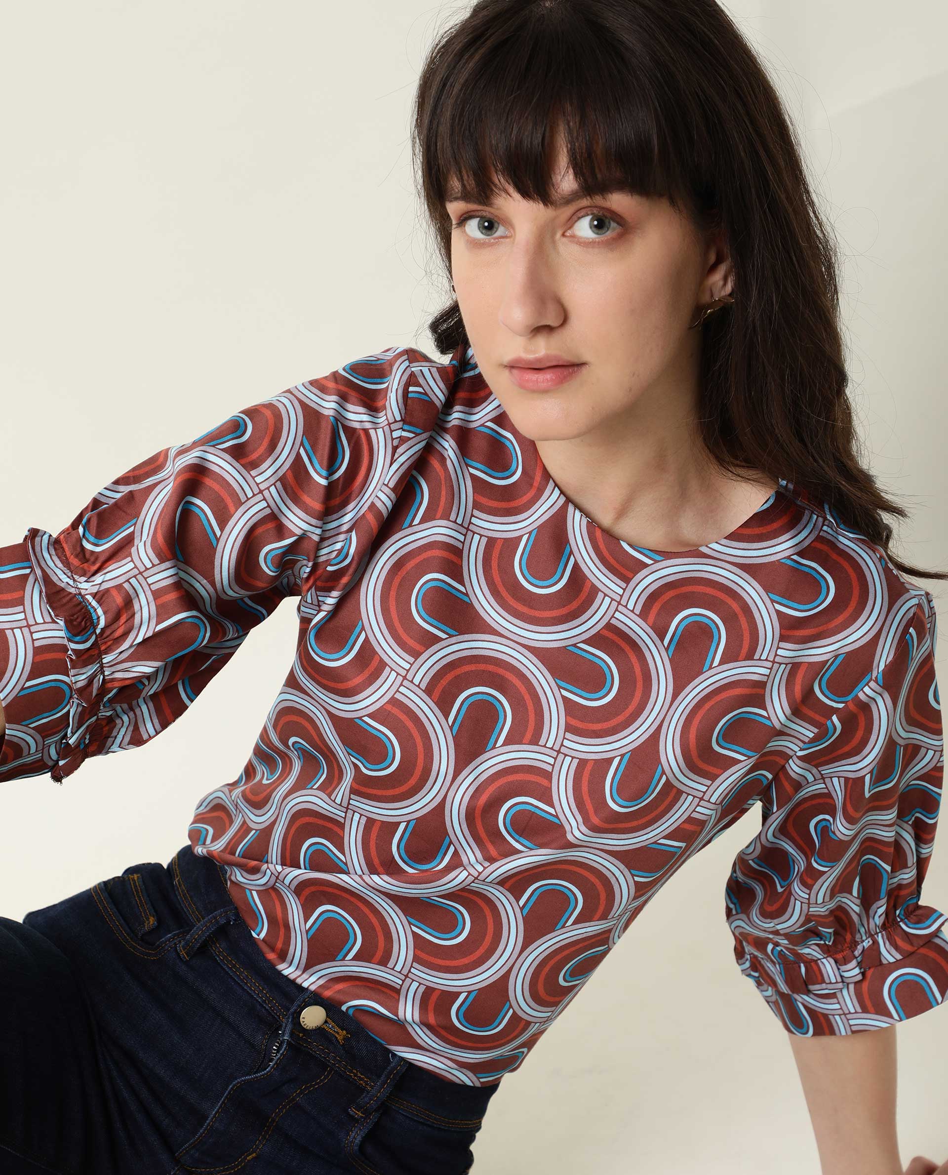 Rareism Women's Jimmi Brown Cotton Crew Neck Geometric Print Regular Fit Top